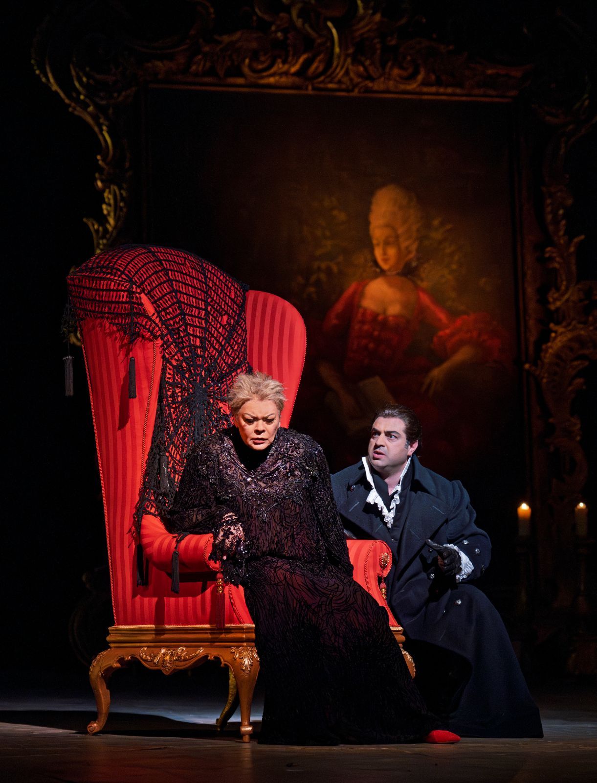 Violetta Urmana (The Countess) and Arsen Soghomonyan (Herman) &copy; Ken Howard | Met Opera