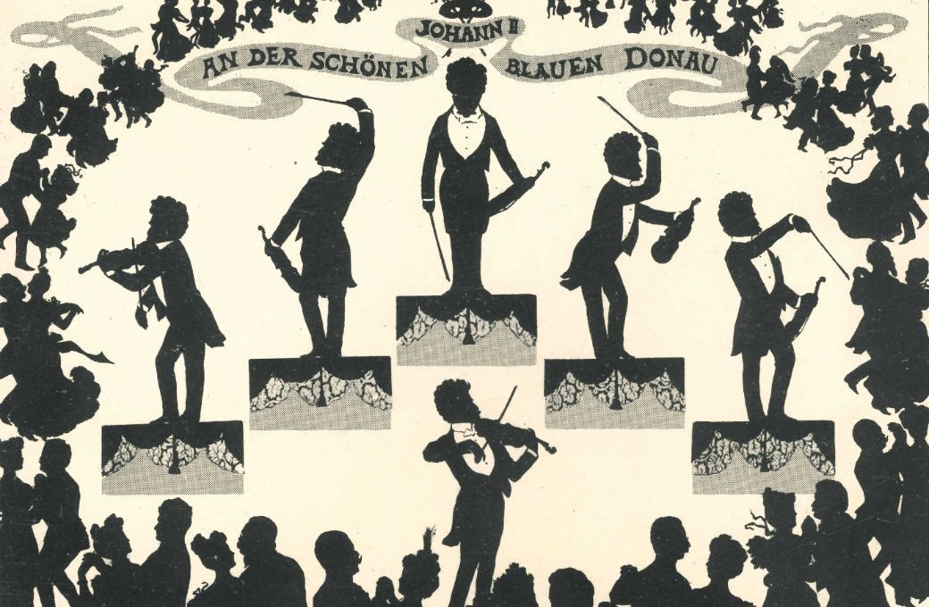 Silhouettes of Johann Strauss II conducting the <i>Blue Danube</i> &copy; Otto B&ouml;hler (1914) | Public domain