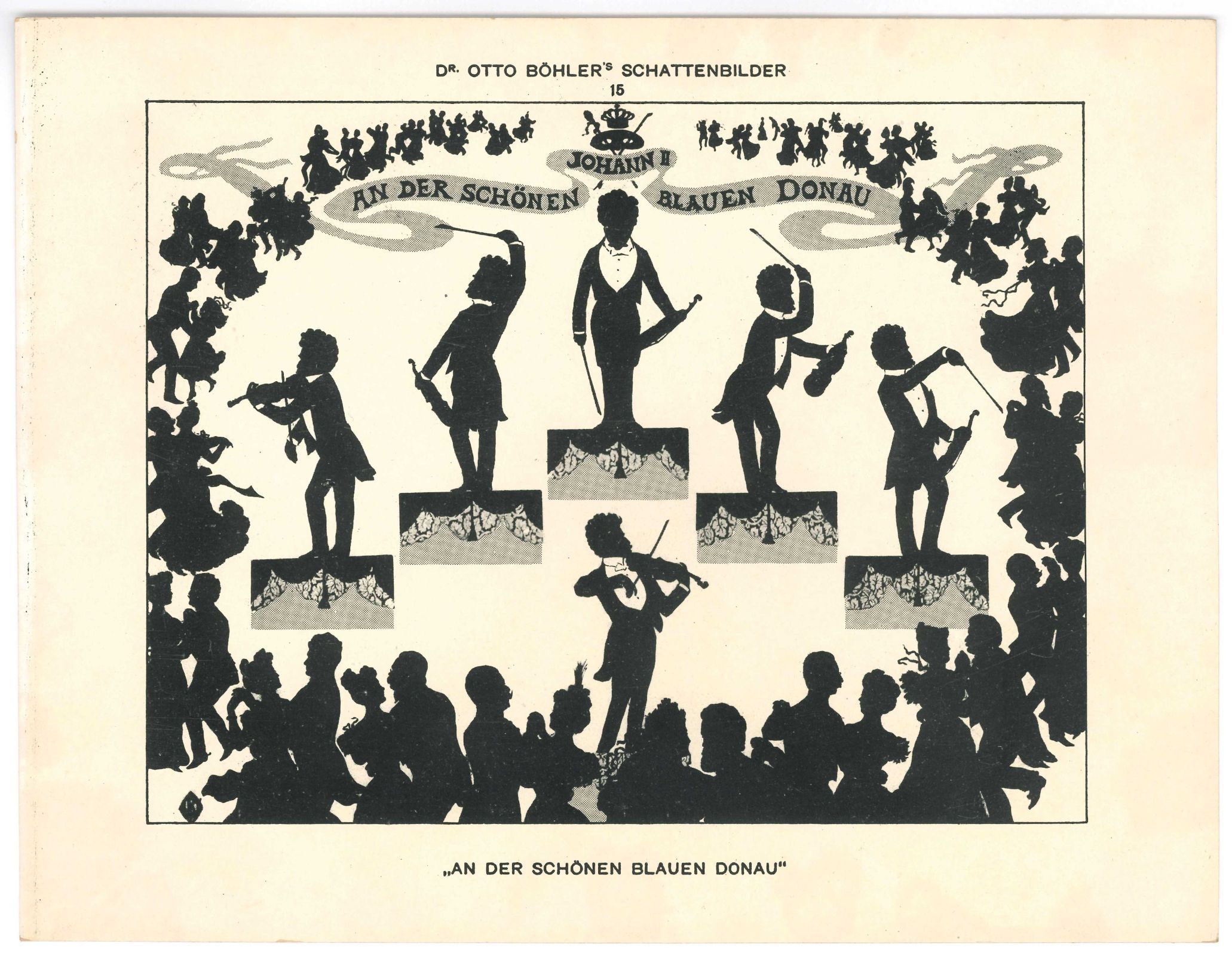 Silhouettes of Johann Strauss II conducting the <i>Blue Danube</i> &copy; Otto Böhler (1914) | Public domain