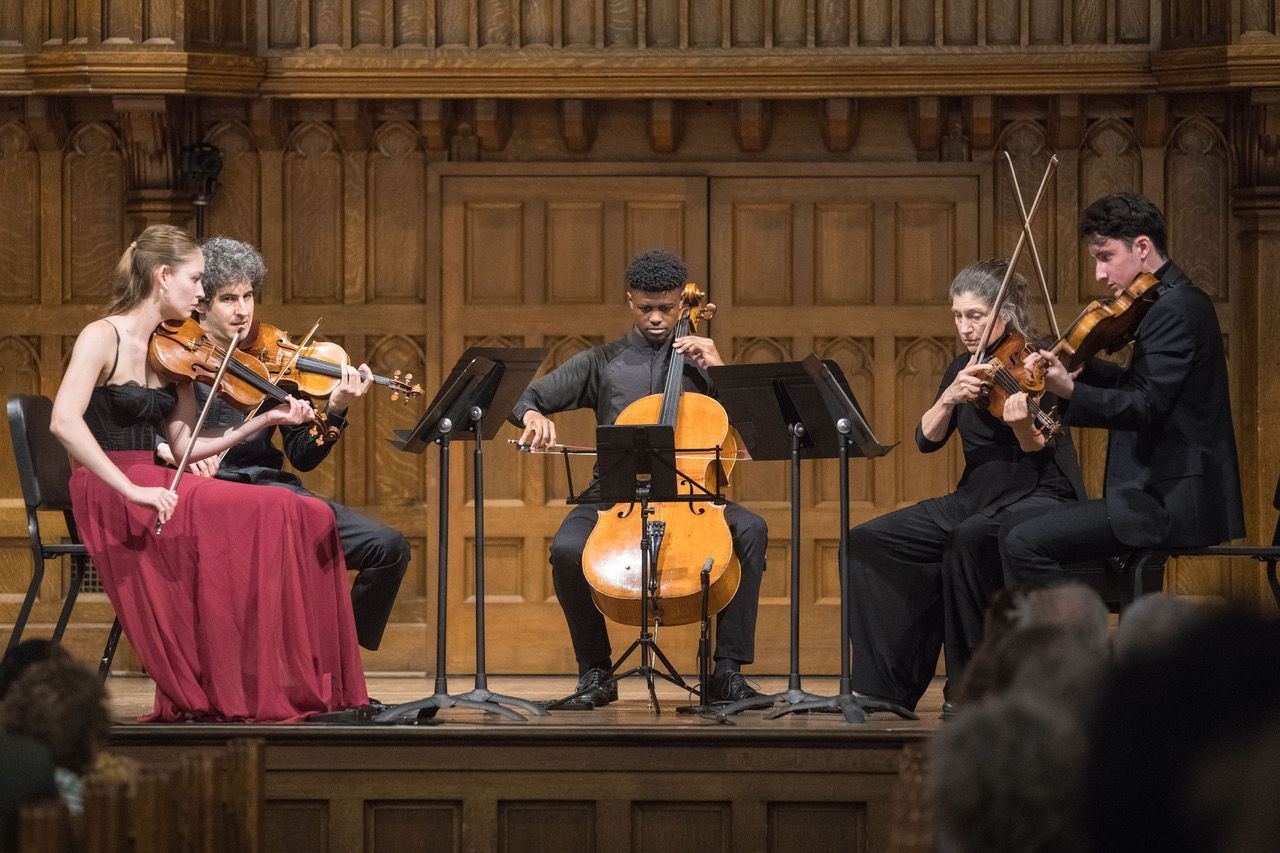 Geneva Lewis, Itamar Zorman, Sterling Elliott, Kim Kashkashian and Emad Zolfaghari © Gary Adams