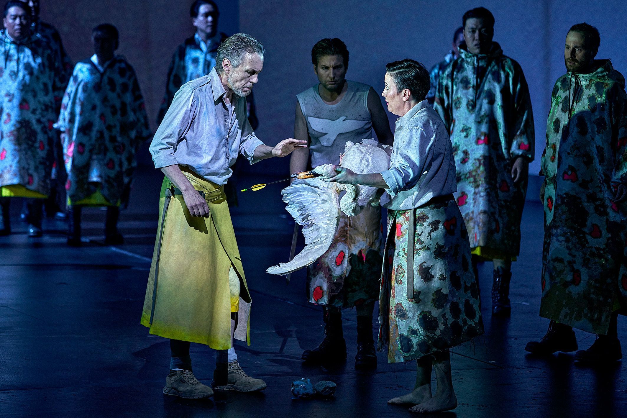 Georg Zeppenfeld (Gurnemanz), Margret Plummer (2. Knappe), Gideon Poppe (3. Knappe) &copy; Bayreuther Festspiele | Enrico Nawrath