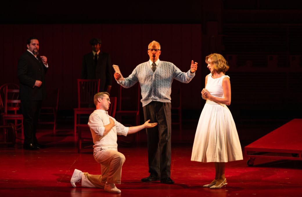 Adrian Kramer (Tom Rakewell), Marc Webster (Trulove), Lydia Grindatto (Anne Trulove) &copy; The Glimmerglass Festival | Kayleen Bertrand