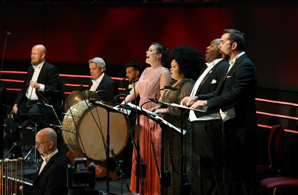 Clara Cecilie Thomsen, Jasmine White, Issachah Savage and Adam Palka with the Danish NSO &copy; BBC | Chris Christodoulou