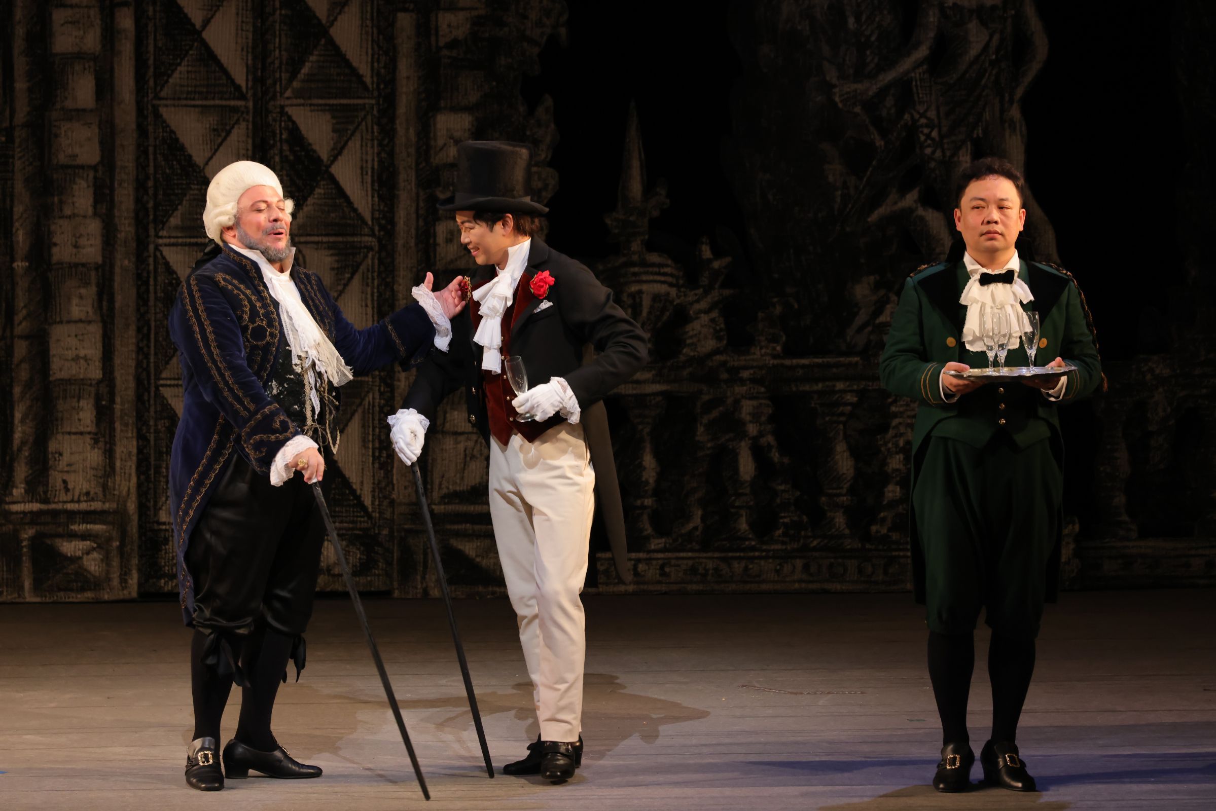 Marco Filippo Romano (Don Magnifico), Sung-Hwan Damien Park (Dandini) and Chuan Wang (Don Ramiro) &copy; Brescia e Amisano | Teatro alla Scala