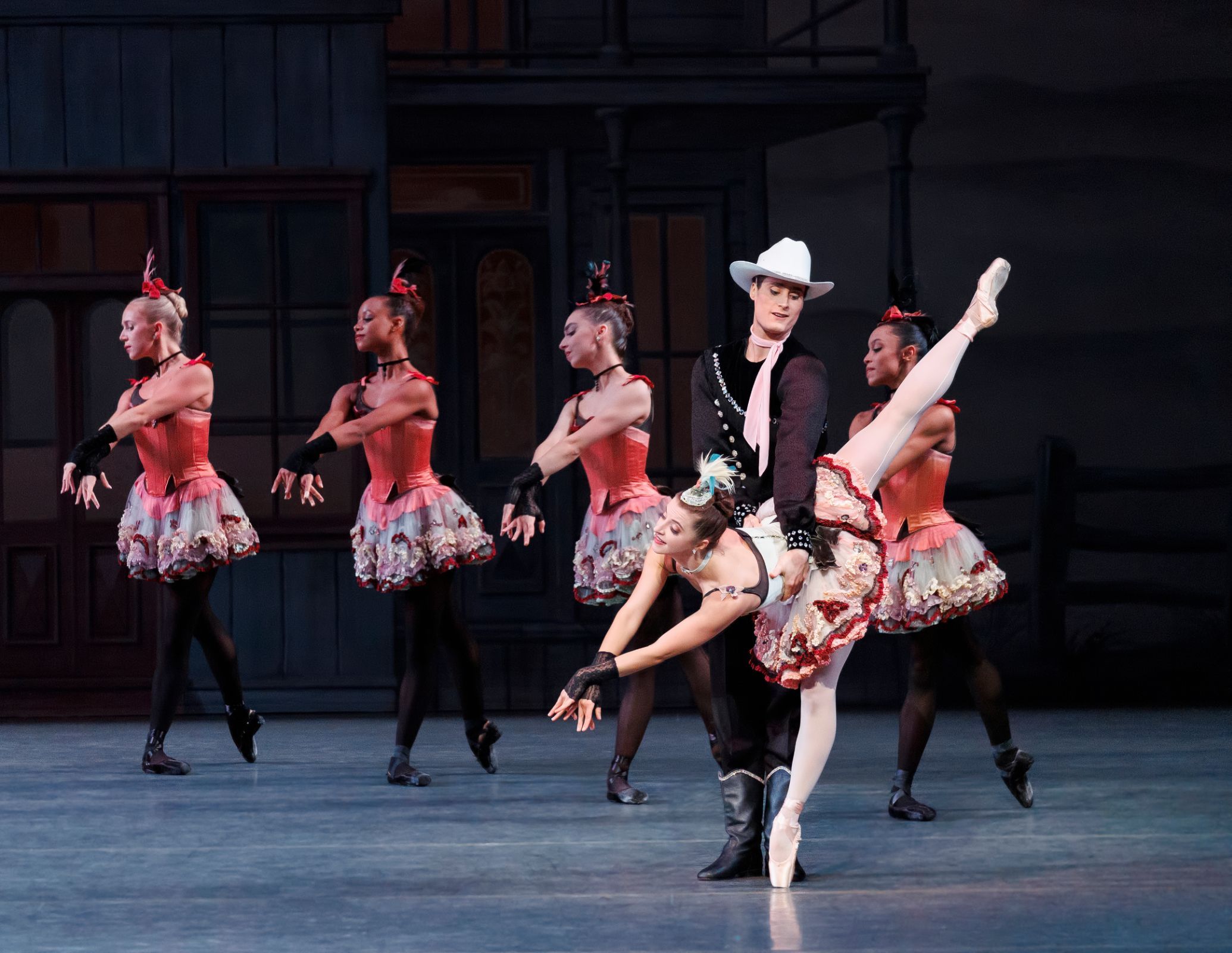 Indiana Woodward and Aarón Sanz and the Company in George Balanchine's <i>Western Symphony</i> &copy; Erin Baiano