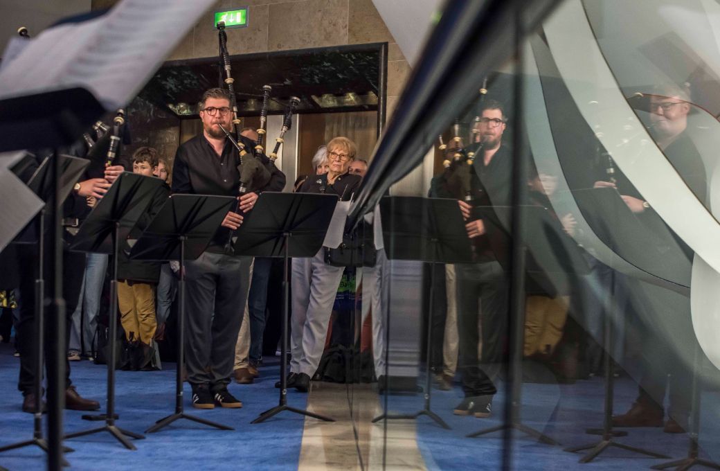 Bagpipers in the foyer of Bridgewater Hall &copy; Chris Payne