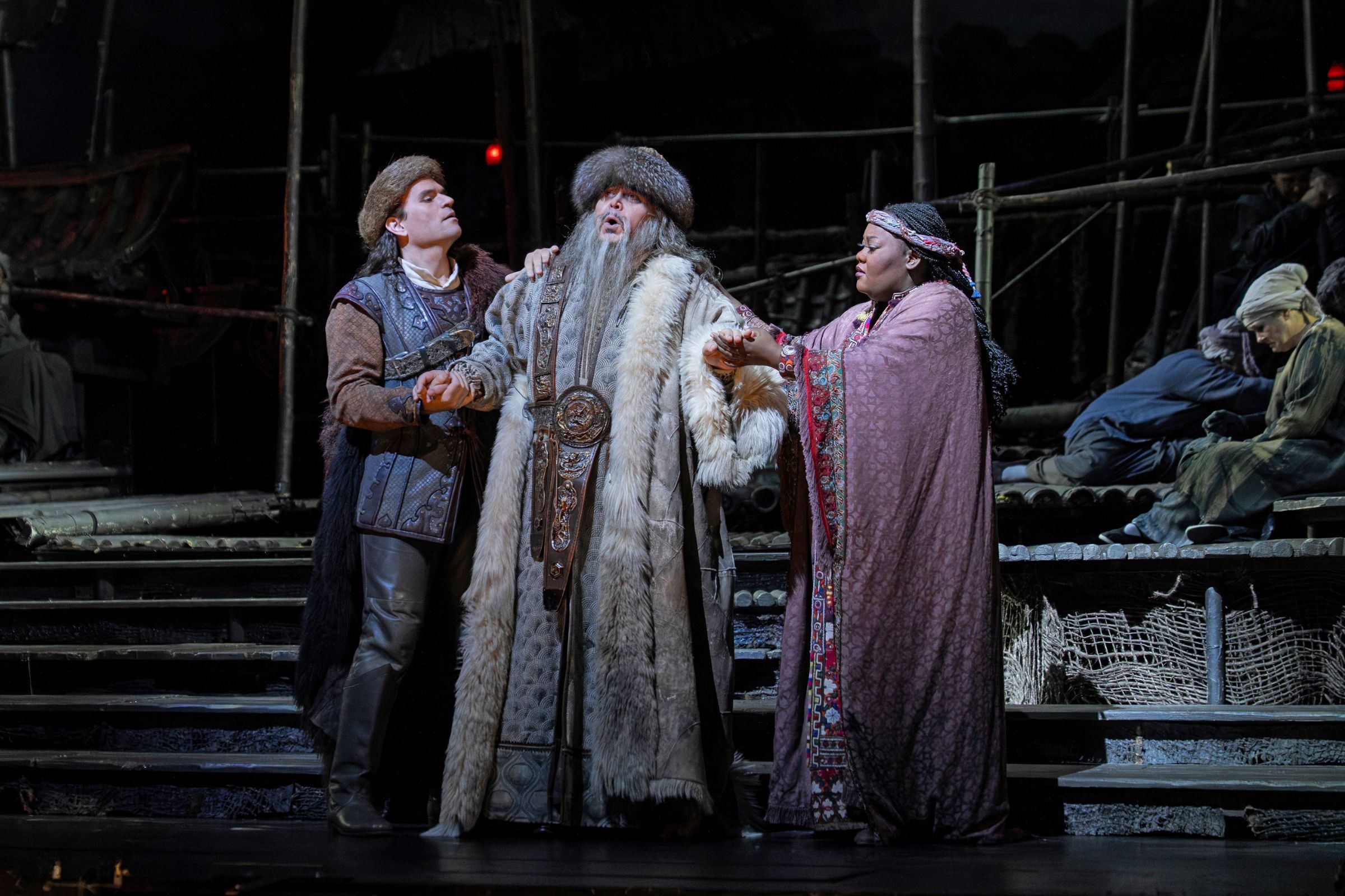 Michael Fabiano (Calaf), Vitalij Kowaljow (Timur) and Masabane Cecilia Rangwanasha (Liù) &copy; Ken Howard | Met Opera
