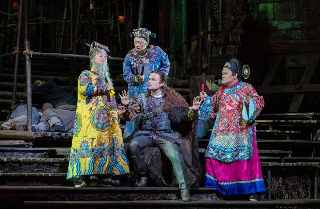 Hansung Yoo (Ping), Tony Stevenson (Pang), Michael Fabiano (Calaf) and Rodell Rosel (Pong) &copy; Ken Howard | Met Opera