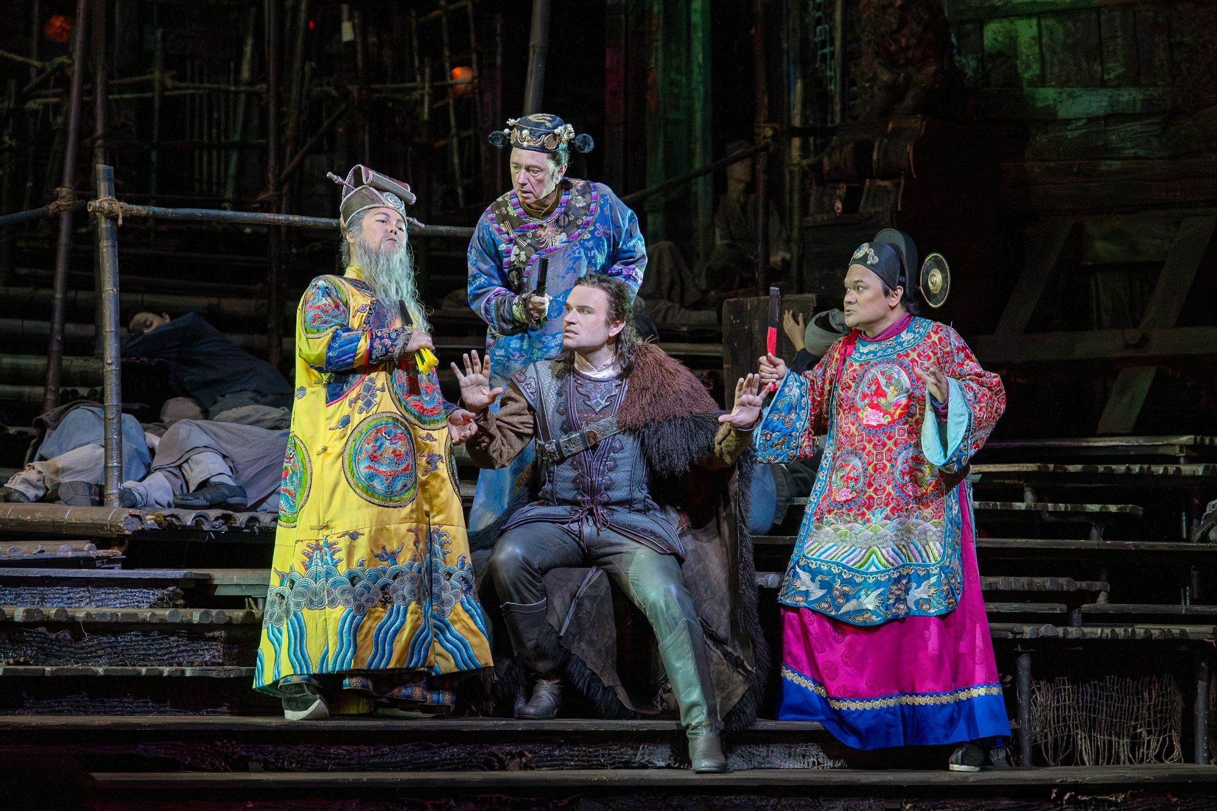 Hansung Yoo (Ping), Tony Stevenson (Pang), Michael Fabiano (Calaf) and Rodell Rosel (Pong) &copy; Ken Howard | Met Opera