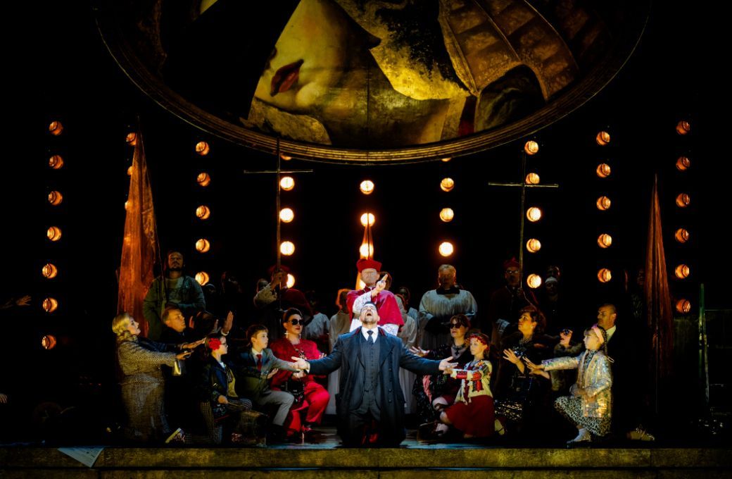 Dario Solari (Scarpia) and chorus &copy; Dafydd Owen