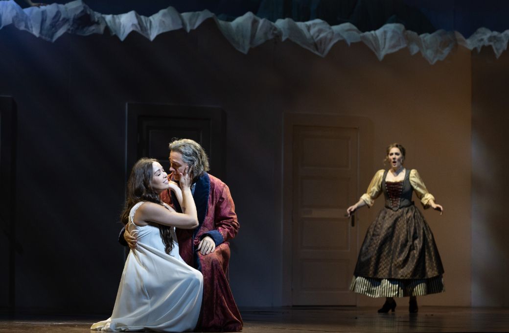 Nadine Sierra (Amina), Alexander Vinogradov (Rodolfo) and Sydney Mancasola (Lisa) &copy; Marty Sohl | Met Opera