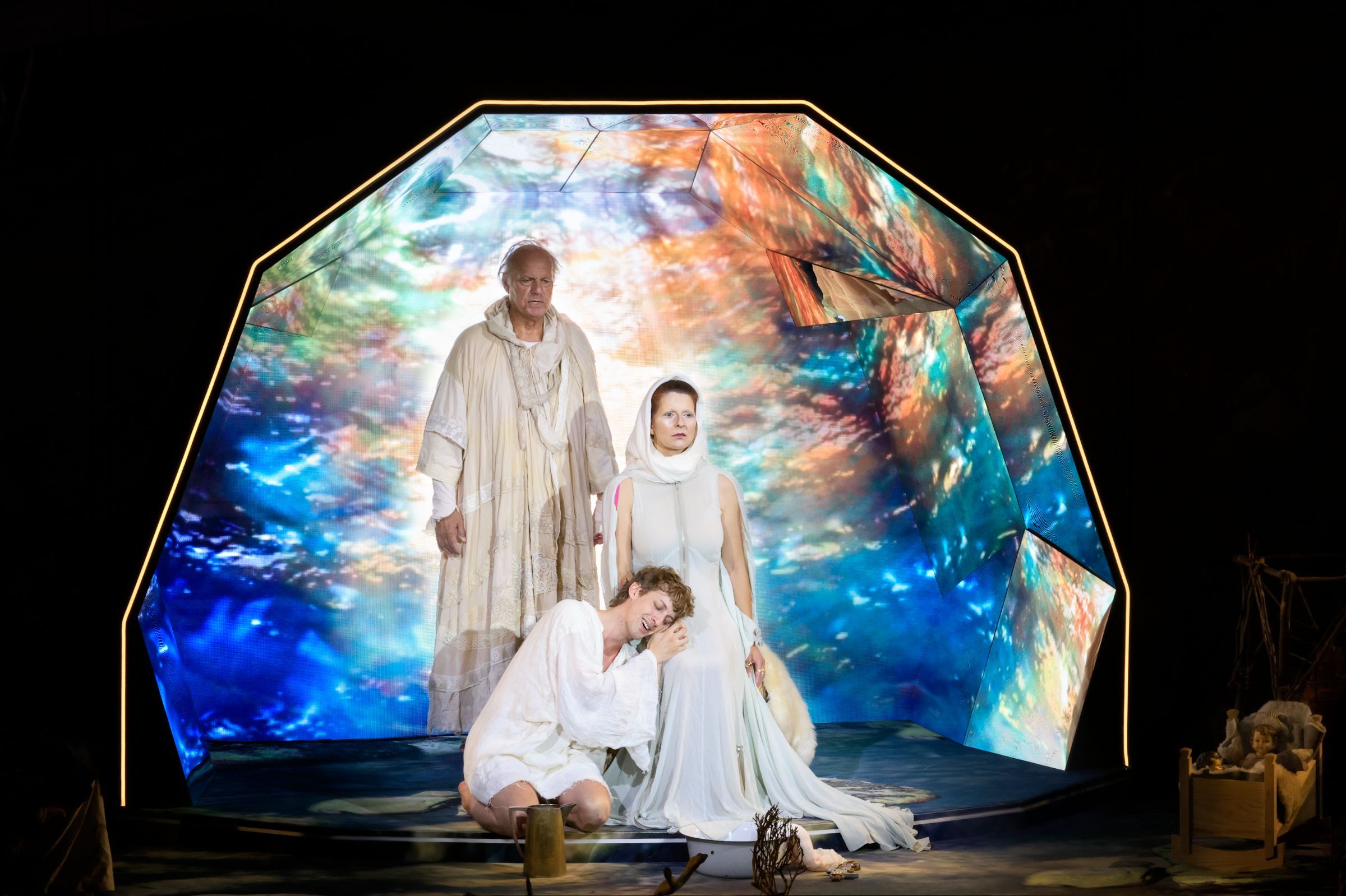 Albert Dohmen (Gurnemanz), Christopher Sokolowski (Parsifal) and Dshamilja Kaiser (Kundry) &copy; OBV | Annemie Augustijns