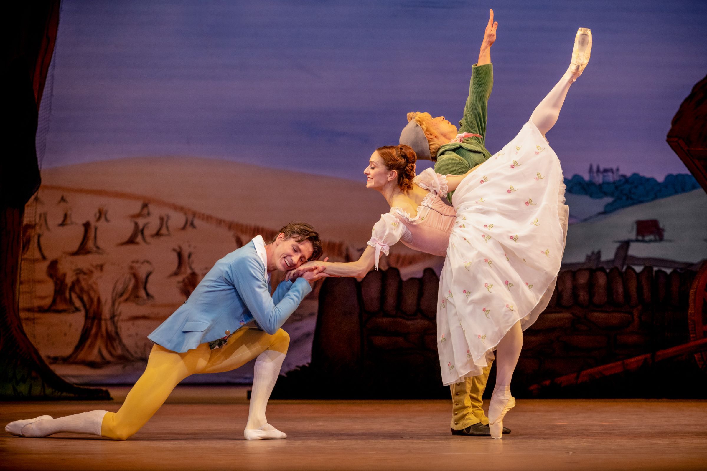 Vadim Muntagirov as Colas, Marianela Núñes as Lise and Luca Acri as Alain in <i>La Fille mal gardée</i> &copy; 2025 Alice Pennefather