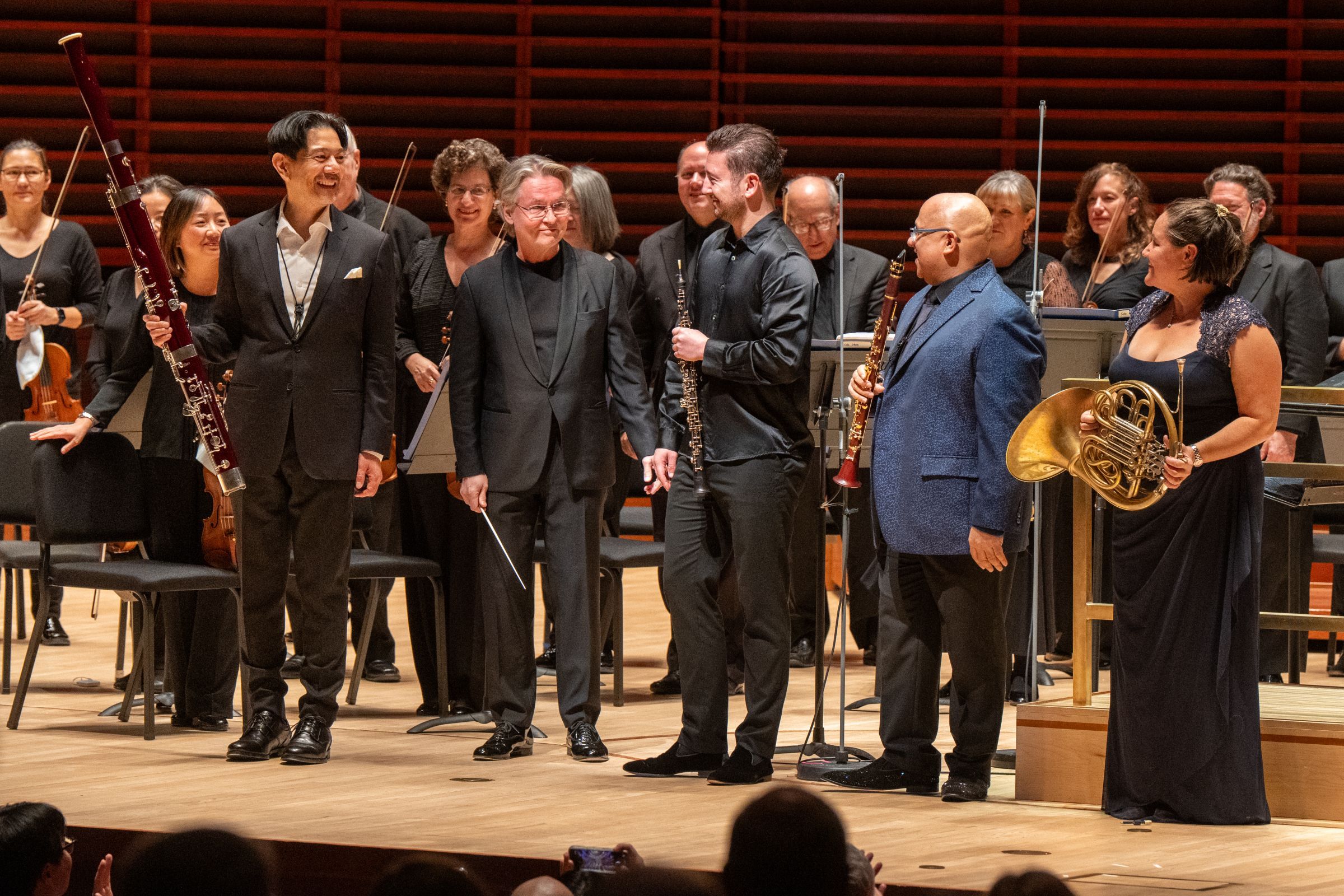 Esa-Pekka Salonen with Daniel Matsukawa, Philippe Tondre, Ricardo Morales and Jennifer Montone &copy; Jessica Griffin