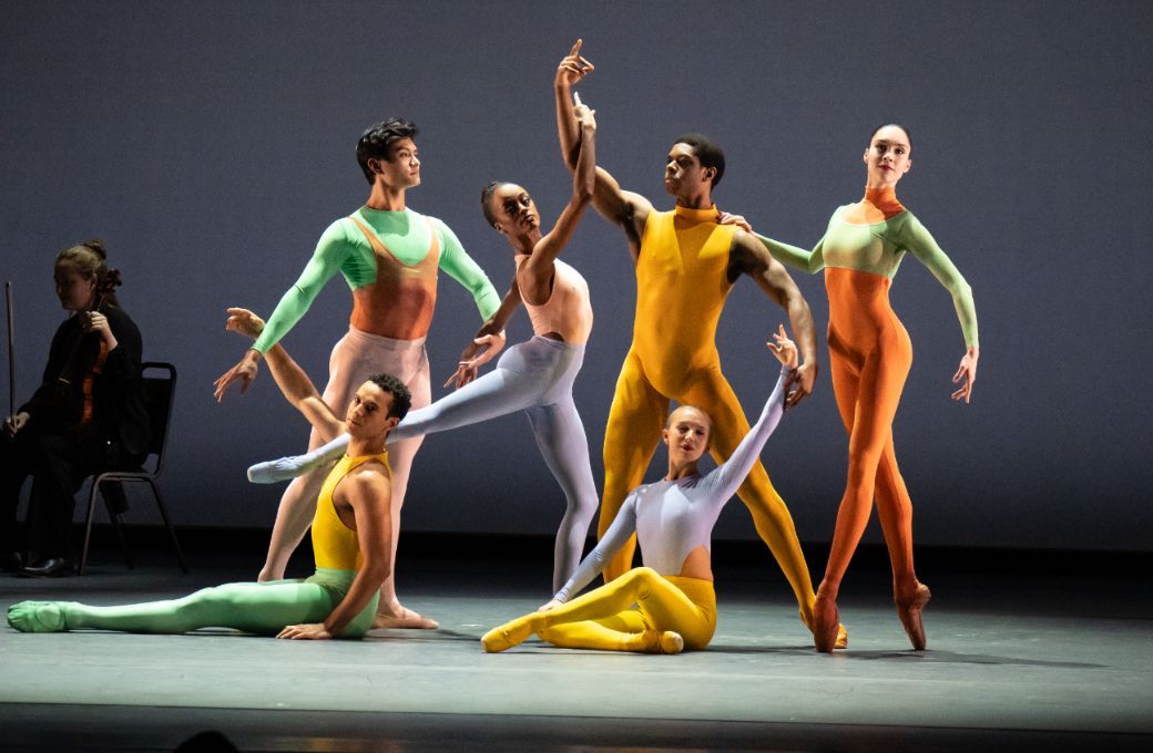 Tomash, Wai Chan, Bradley, Grant, Starner and Nadon in Tiler Peck's <i>Thousandth Orange</i> &copy; Steven Pisano