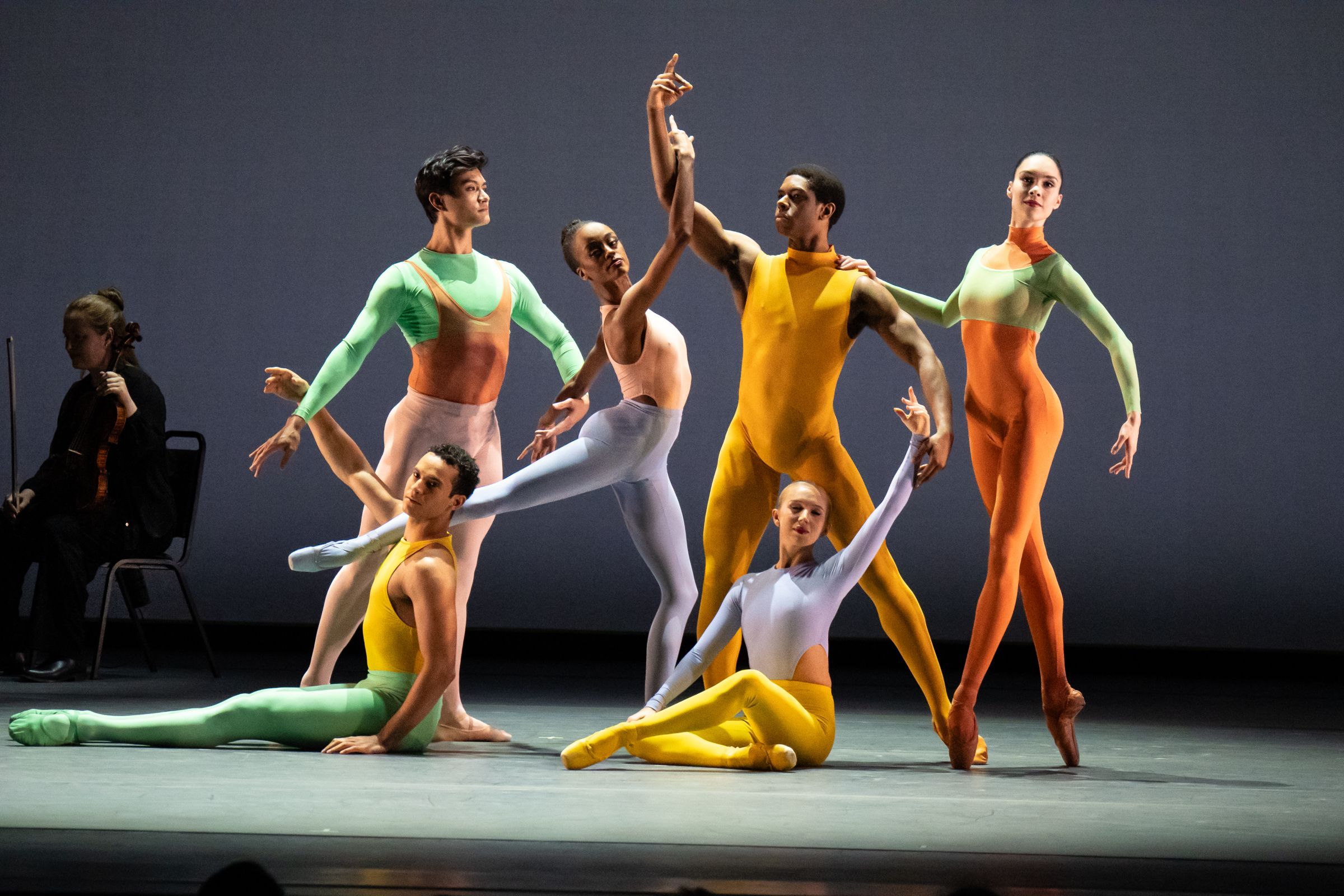 Tomash, Wai Chan, Bradley, Grant, Starner and Nadon in Tiler Peck's <i>Thousandth Orange</i> &copy; Steven Pisano
