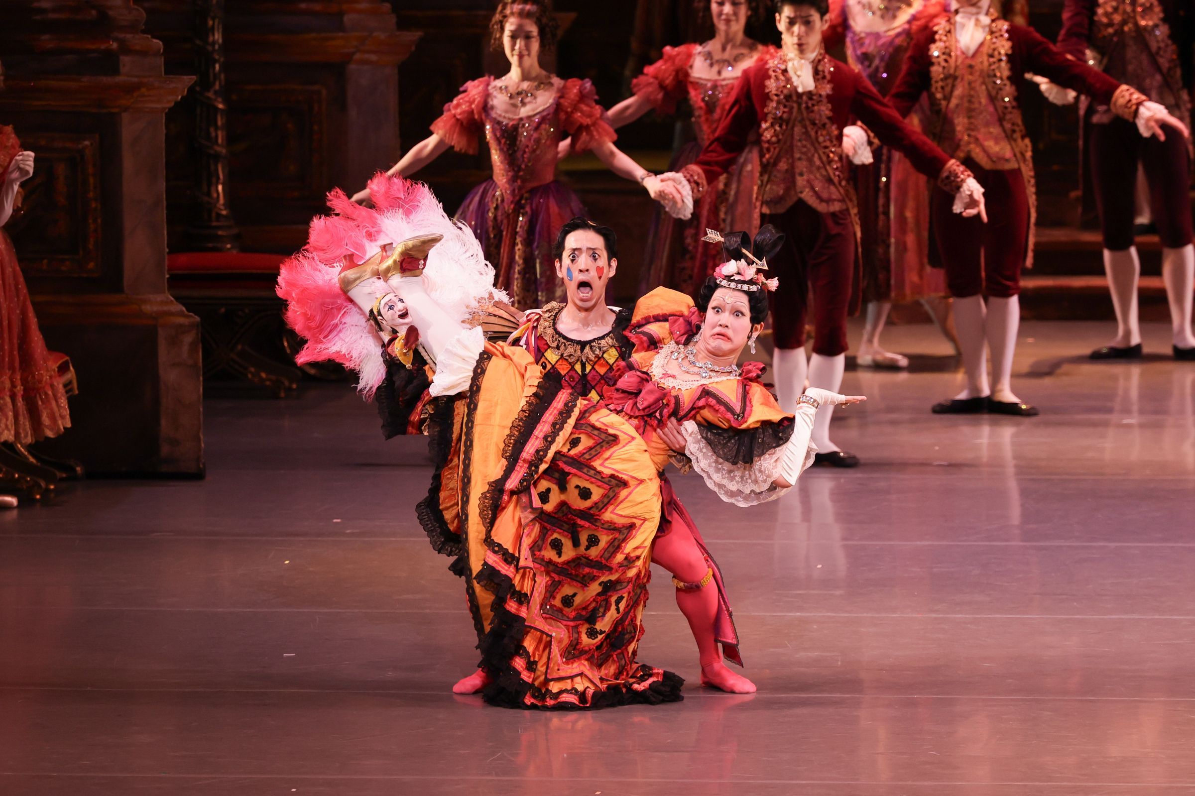 Kazuki Sano as the Jester and Satoshi Nakamura as a Stepsister in Ashton's <i>Cinderella</i> &copy; Kiyonori Hasegawa