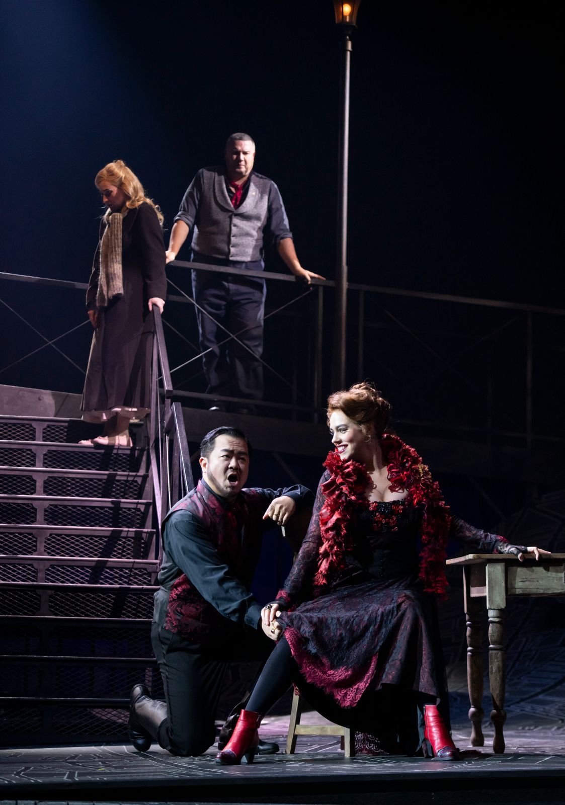 Sarah Dufresne (Gilda), Michael Chioldi (Rigoletto), Yongzhao Yu (Duke), Emma Parkinson (Maddalena) &copy; Emily Cooper