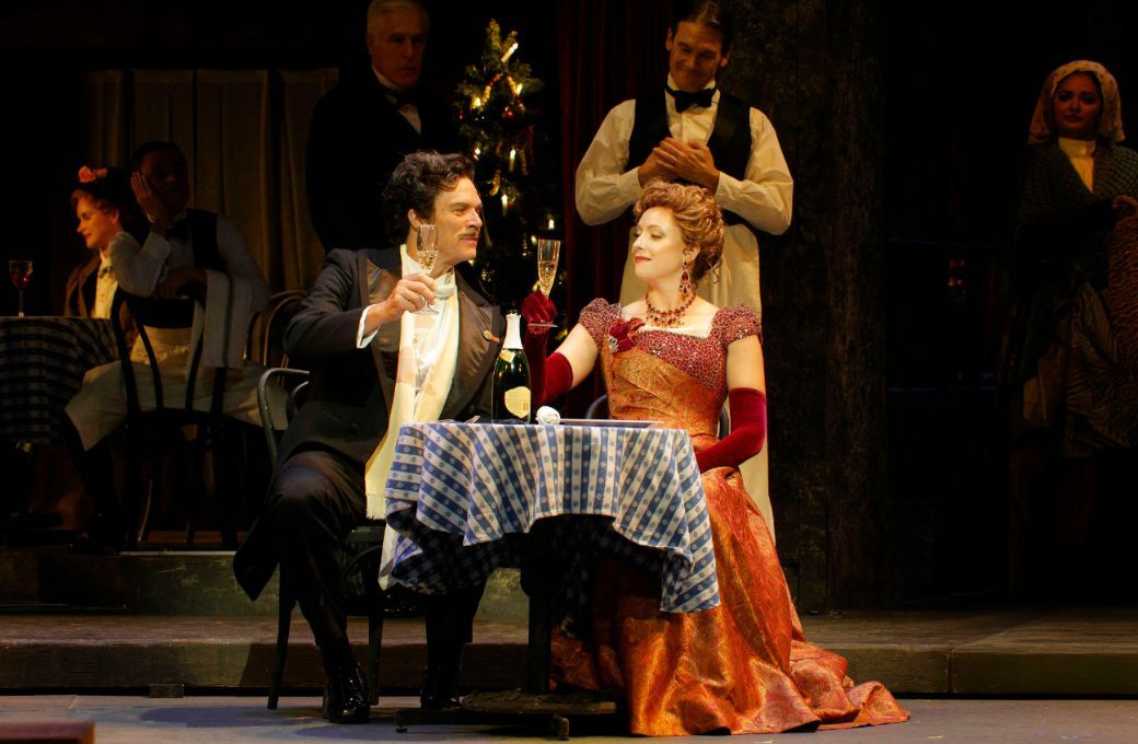 Rod Gilfry (Alcindoro) and Erica Petrocelli (Musetta) &copy; Cory Weaver