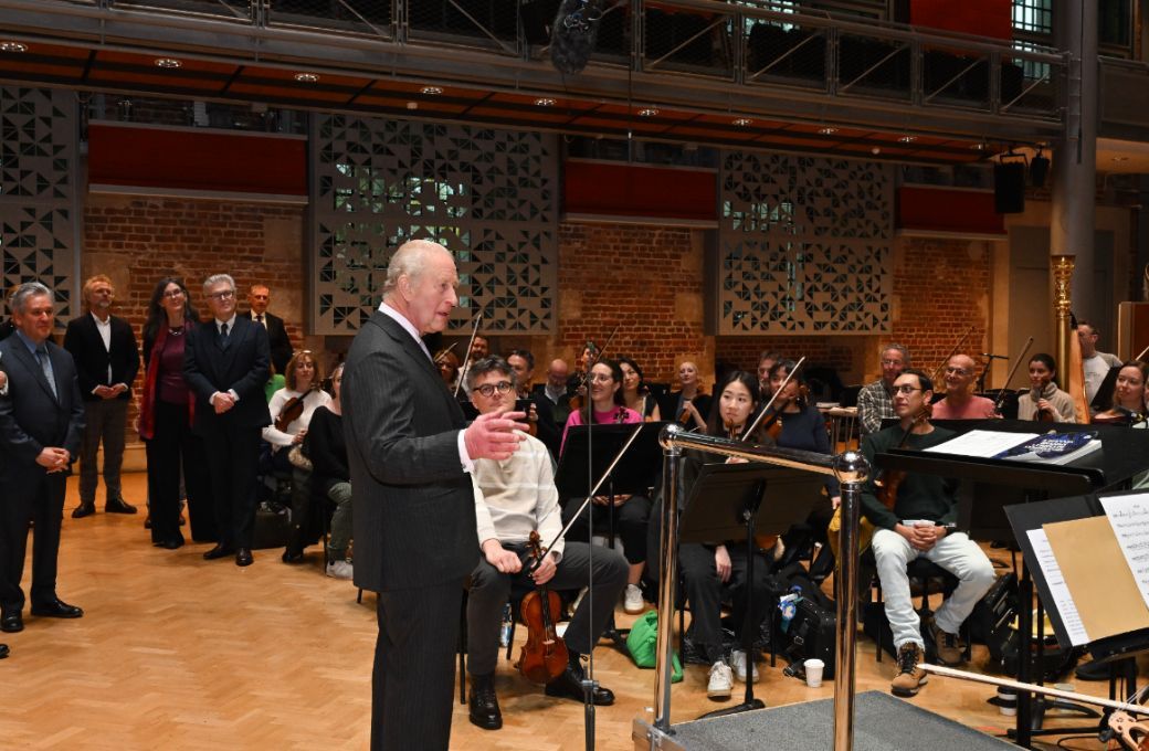 King Charles addresses the LSO and members of the Donatella Flick Competition jury &copy; Mark Allen