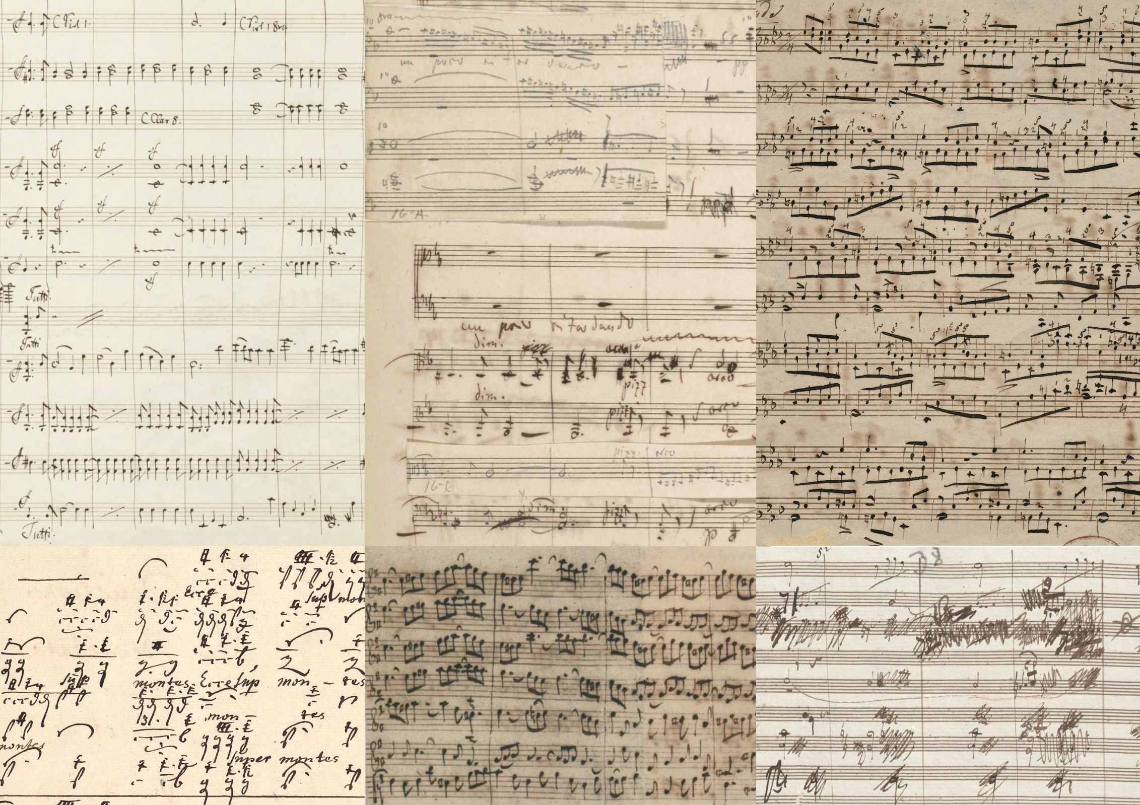 Composers’ hands (l-r): Felix Mendelssohn, R Schumann, Clara Schumann, Buxtehude, JS Bach, Beethoven &copy; Bibl. Jagiellońska | Lib. of Congress | Staatsbibl. Berlin | Universitetsbibl. Uppsala | IMSLP