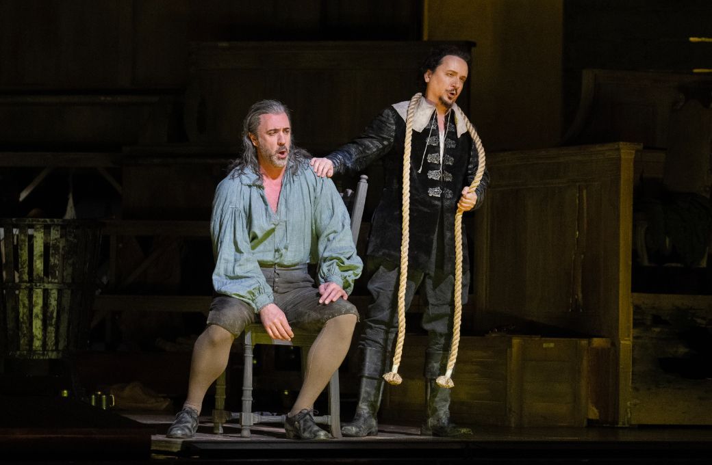 Christian Van Horn (Giorgio) and Artur Ruciński (Riccardo) &copy; Ken Howard | Met Opera