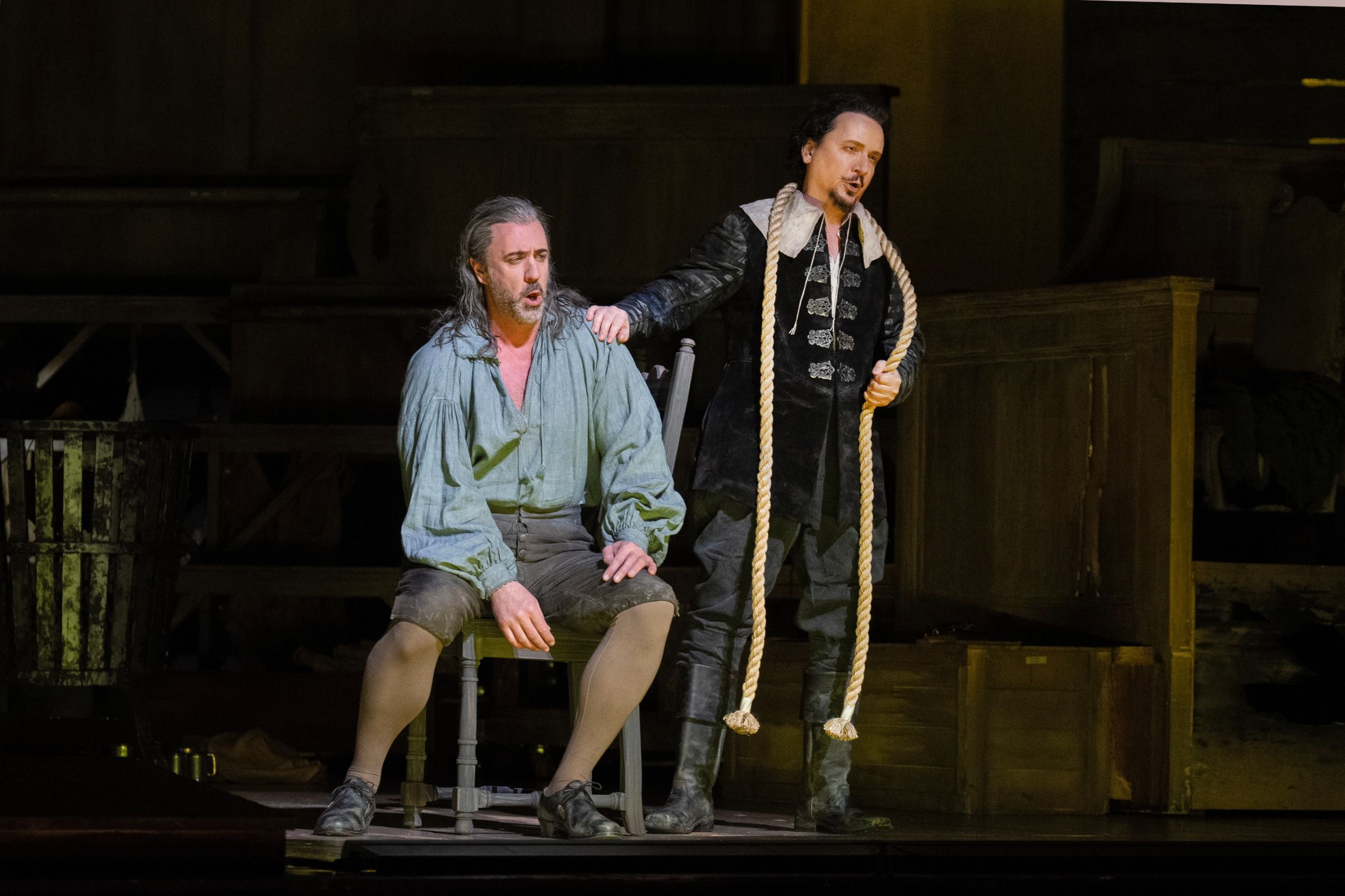 Christian Van Horn (Giorgio) and Artur Ruciński (Riccardo) &copy; Ken Howard | Met Opera