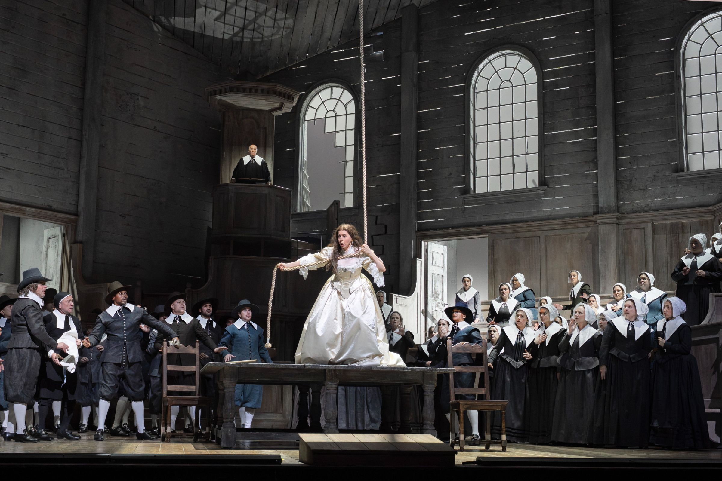 Lisette Oropesa (Elvira) and the Metropolitan Opera Chorus &copy; Ken Howard | Met Opera