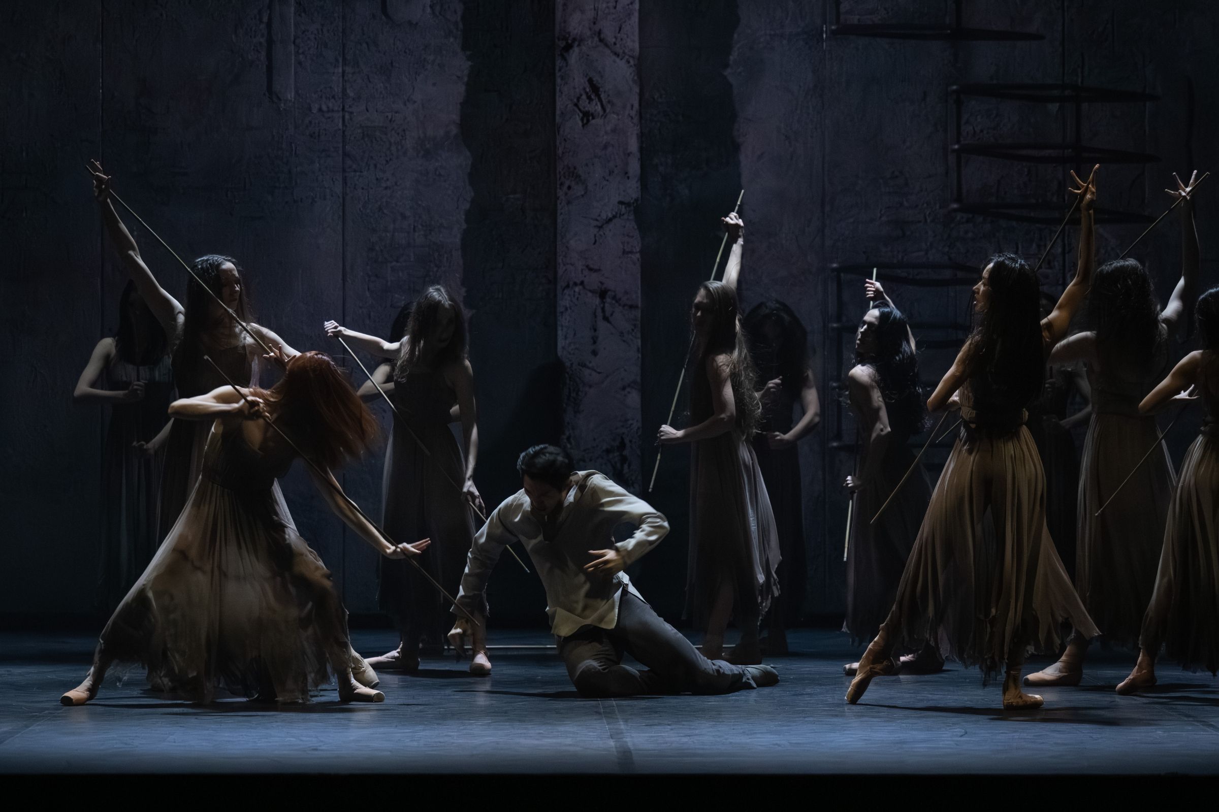 Ken Saruhashi as Hilarion with the Wilis in Akram Khan's <i>Giselle</i> © Photography by ASH