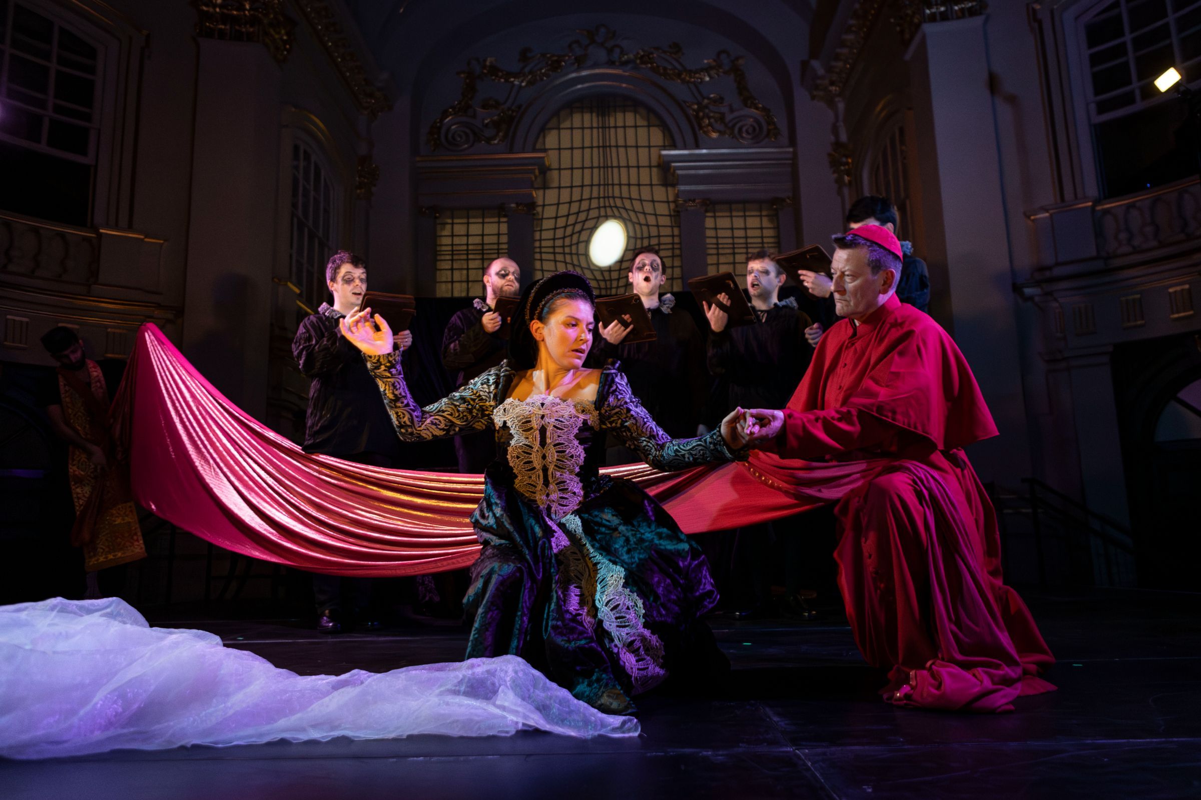 Doria Bramante, David Tarkenter and The Gesualdo Six in <i>Death of Gesualdo</i> © Paul Marc Mitchell