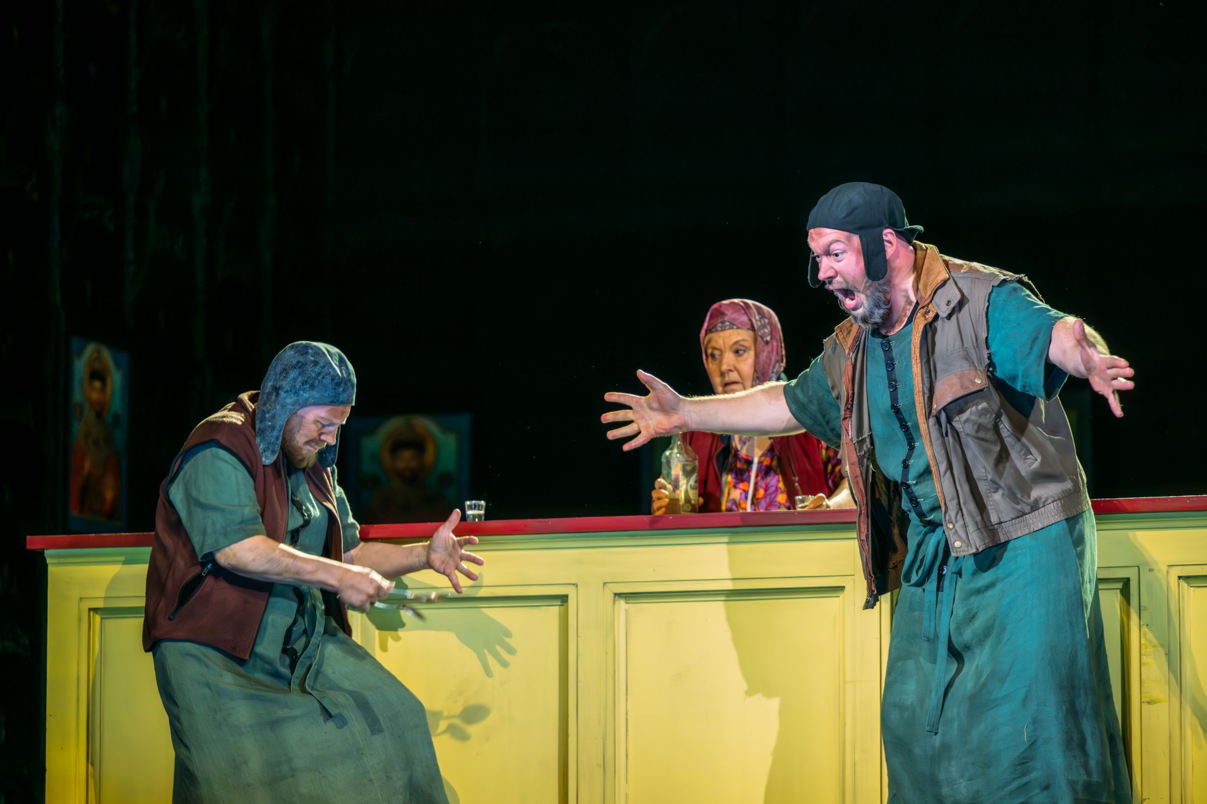 Alasdair Elliott (MIssail), Susan Bickley (Hostess) and Alexander Roslavets (Varlaam) &copy; The Royal Opera | Mihaela Bodlovic