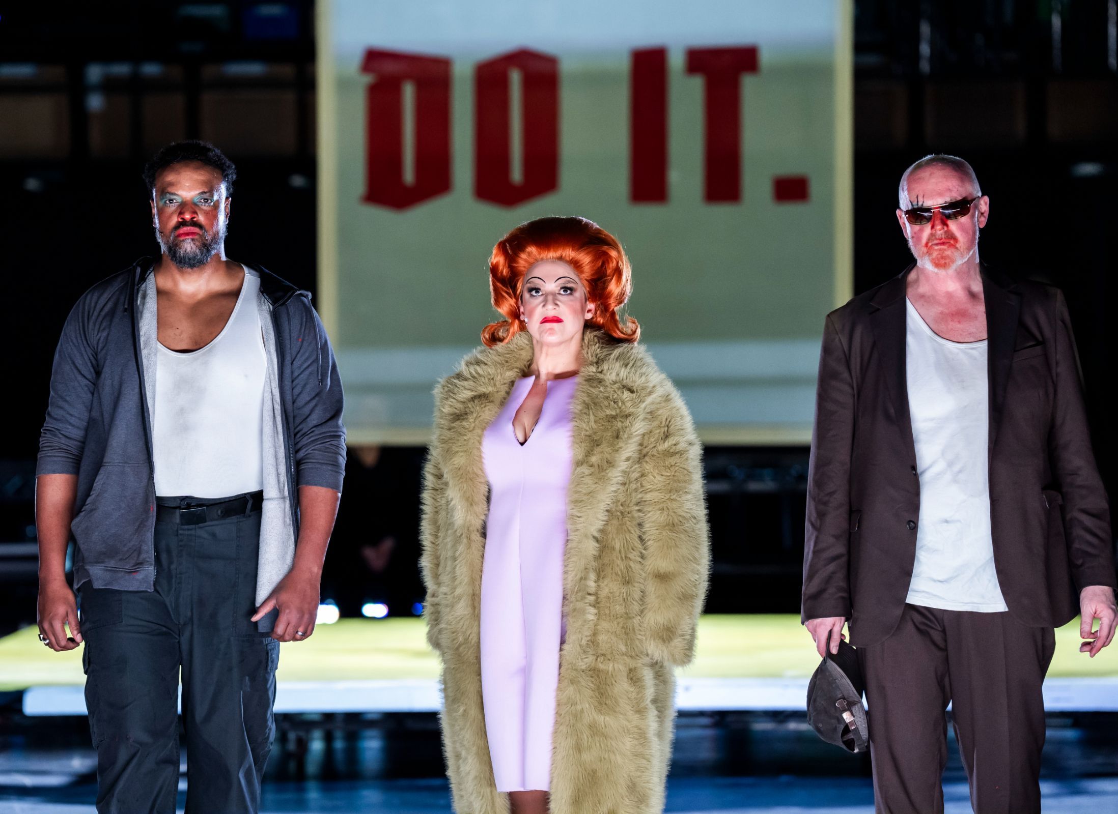 Kenneth Kellogg (Trinity Moses), Rosie Aldridge (Begbick) and Mark Le Brocq (Fatty) © Tristram Kenton
