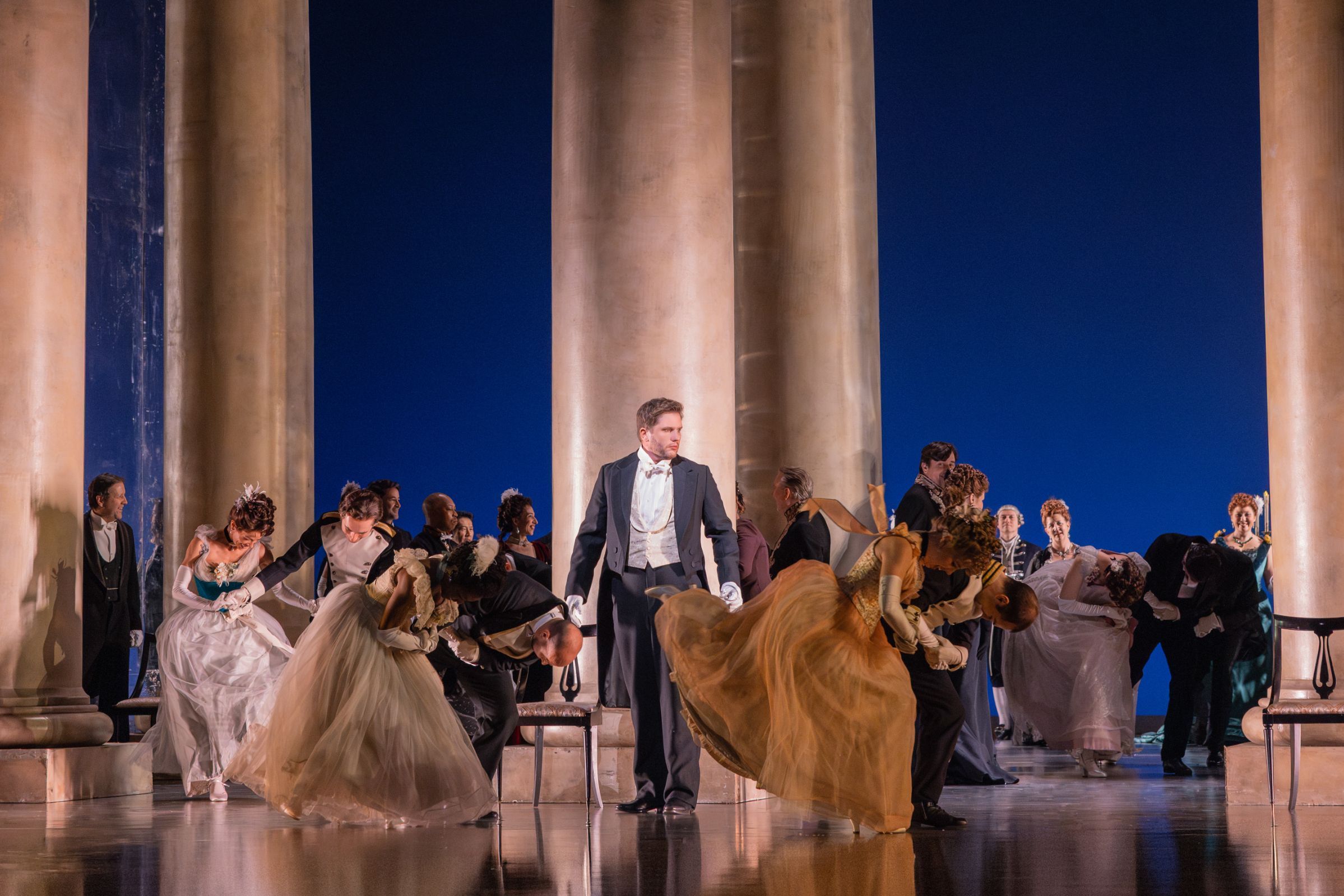 Iurii Samoilov (Onegin) and ensemble &copy; Evan Zimmerman | Met Opera