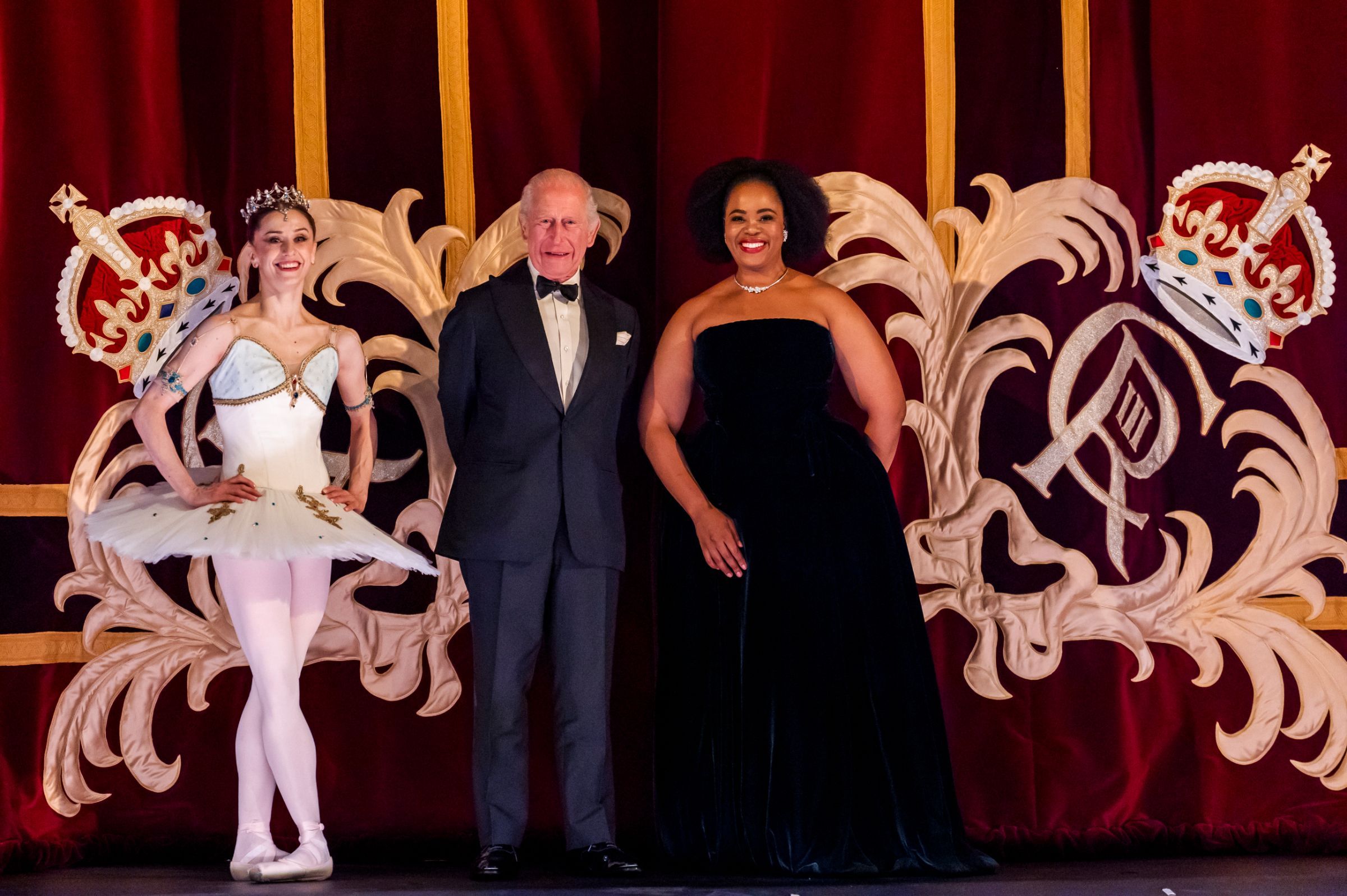 Marianela Nuñez, King Charles III and Pretty Yende on stage at the Royal Opera House &copy; Tristram Kenton