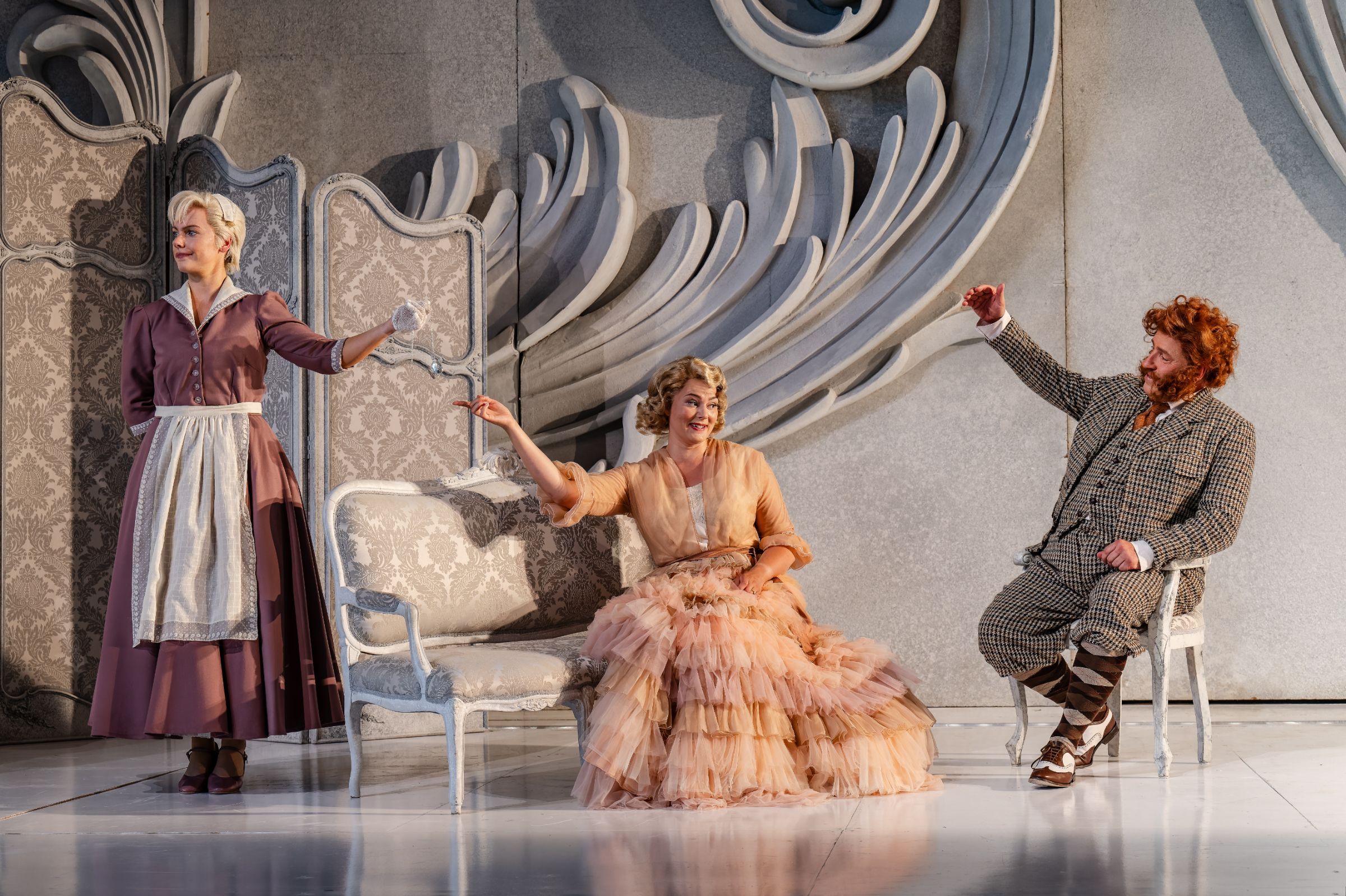 Niamh O'Sullivan (Octavian), Matilda Sterby (the Marschallin) and Andreas Bauer Kanabas (Baron Ochs) &copy; Julian Guidera