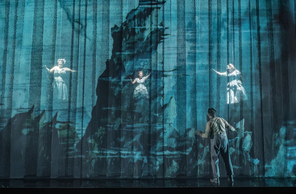 Ailish Tynan, Olivia Tringham, Charlotte Bateman (Rhinemaidens) and David Stout (Alberich) © Marc Brenner