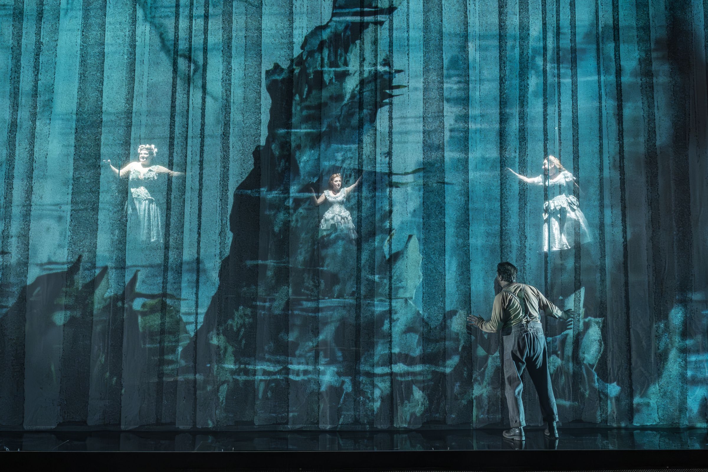 Ailish Tynan, Olivia Tringham, Charlotte Bateman (Rhinemaidens) and David Stout (Alberich) © Marc Brenner