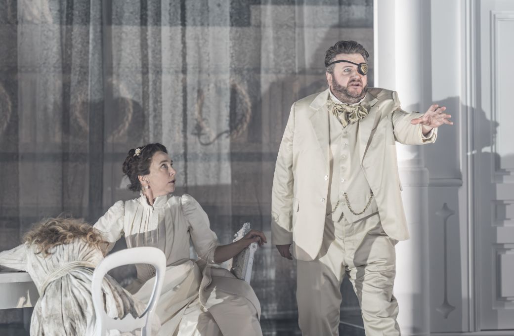 Rachel Nicholls (Freia), Christine Rice (Fricka) and James Rutherford (Wotan) © Marc Brenner