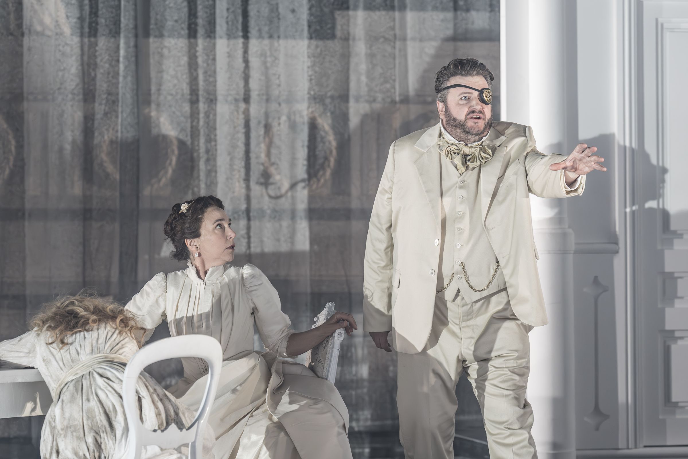 Rachel Nicholls (Freia), Christine Rice (Fricka) and James Rutherford (Wotan) © Marc Brenner