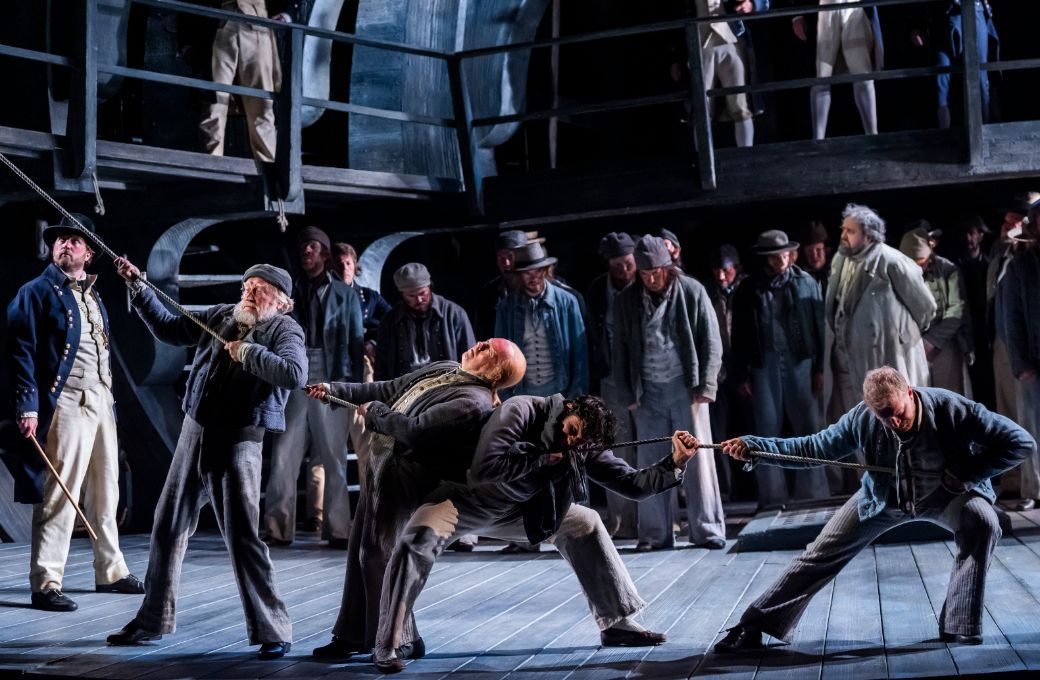 Clive Bayley (Dansker), Alasdair Elliott (Red Whiskers), Samuel Dale Johnson (Donald) Alex Otterburn &copy; Glyndebourne Productions Ltd. Photo: Tristram Kenton