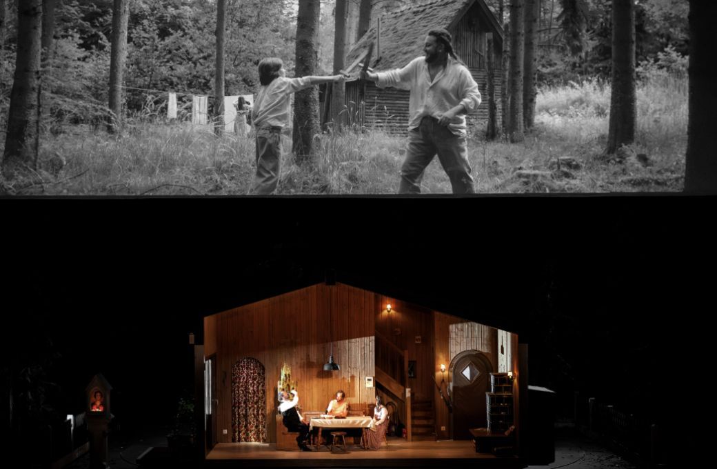 Oben: Videostill mit Wotan und Siegmund; Unten: Ain Anger, Irene Roberts und Joachim B&auml;ckstr&ouml;m &copy; Monika Rittershaus