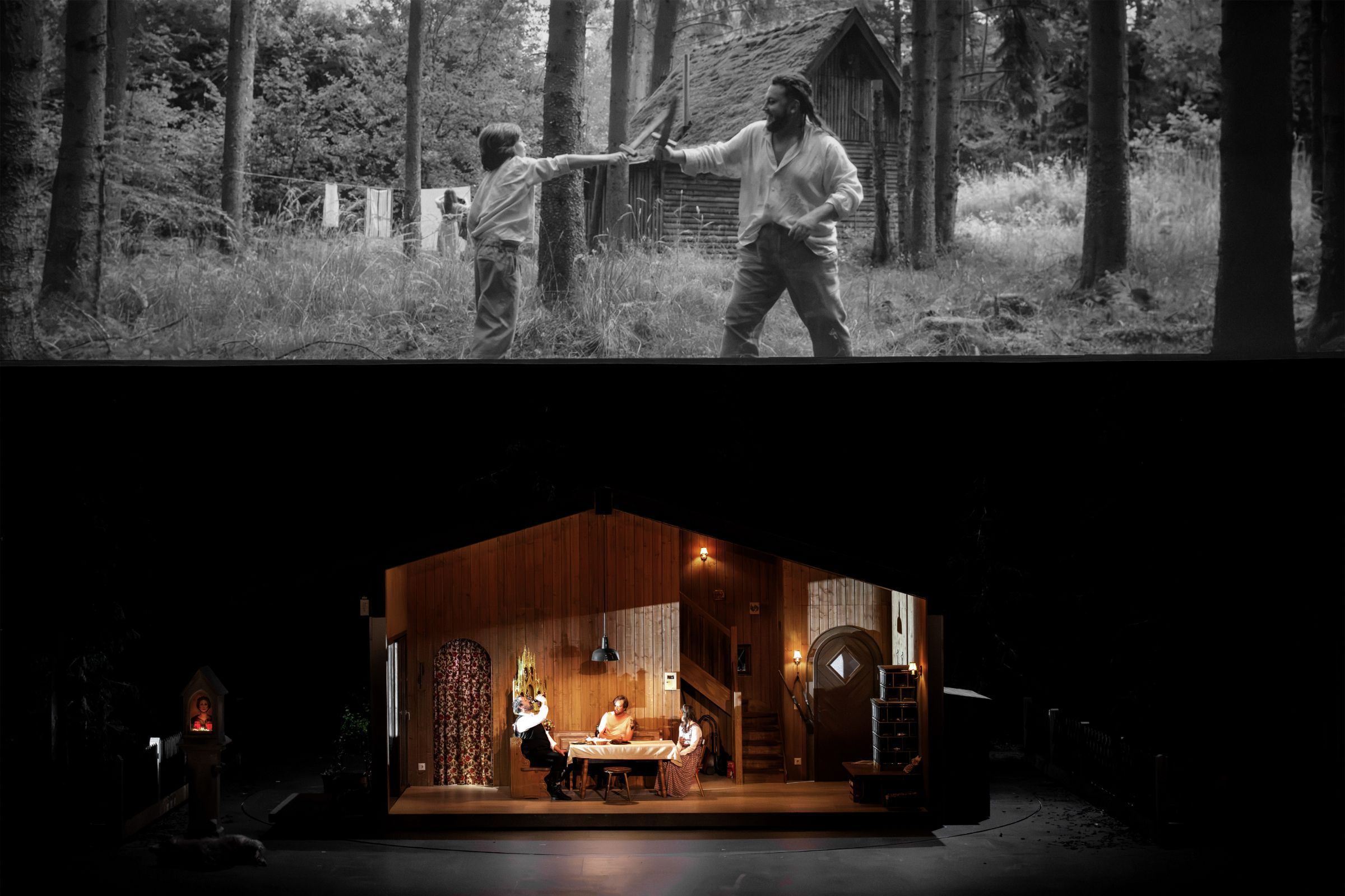 Oben: Videostill mit Wotan und Siegmund; Unten: Ain Anger, Irene Roberts und Joachim Bäckström &copy; Monika Rittershaus