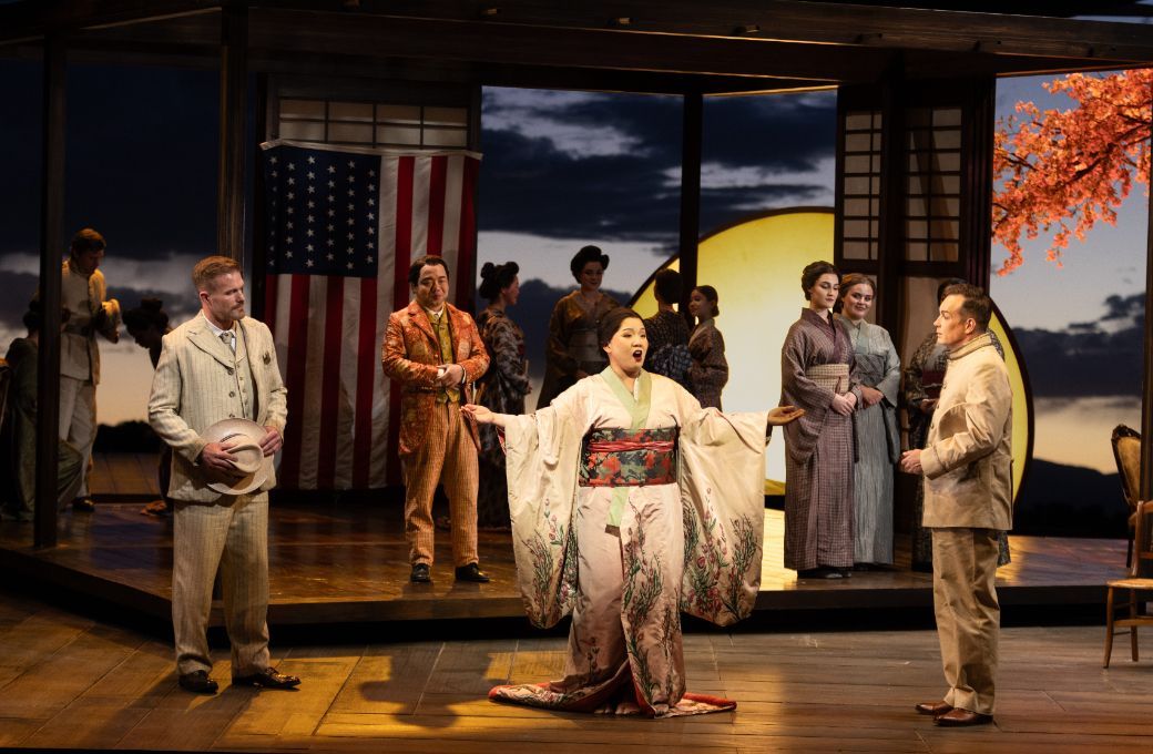 Jarrett Ott (Sharpless), Karen Chia-ling Ho (Cio-Cio-San), Stephen Costello (Pinkerton) and ensemble &copy; Bronwen Sharp for the Santa Fe Opera