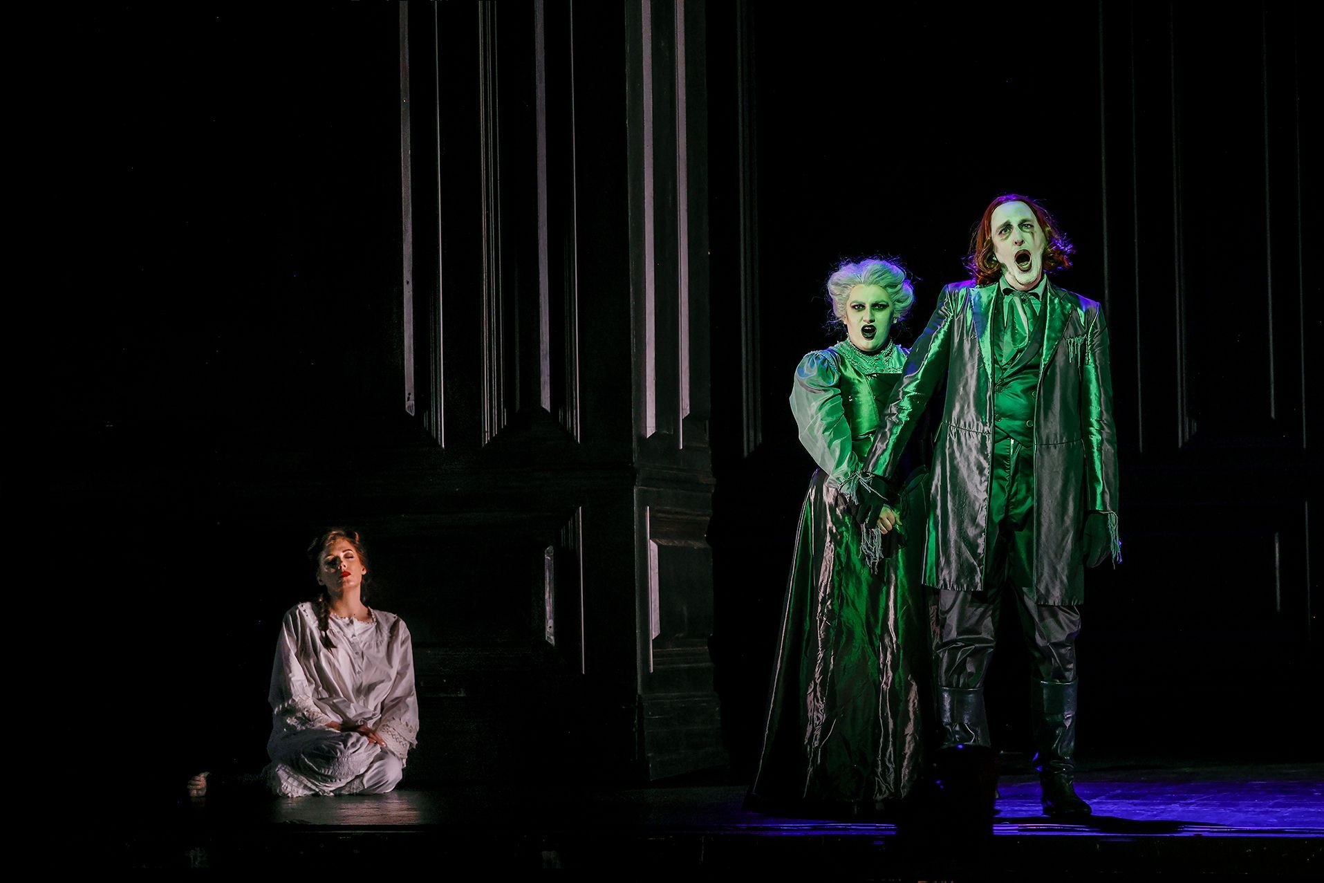 Rachelle Durkin (Governess), Michaela Cadwgan (Miss Jessell) and Kanen Breen (Peter Quint) &copy; Jeff Busby