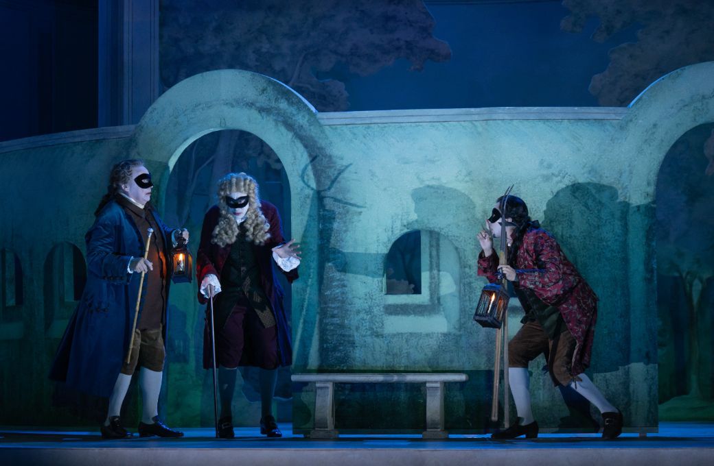 Henry Waddington (Dr Bartolo), Mark Milhofer (Don Basilio) and Jasurbek Khaydarov (Figaro) © Glyndebourne Productions Ltd. Photo: ASH