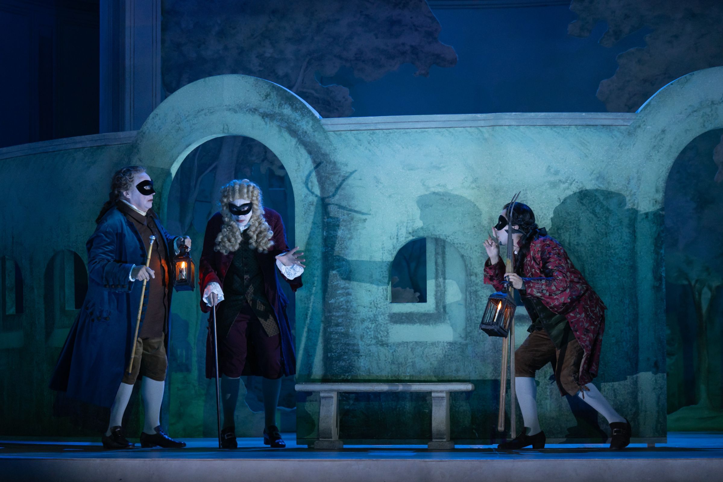 Henry Waddington (Dr Bartolo), Mark Milhofer (Don Basilio) and Jasurbek Khaydarov (Figaro) © Glyndebourne Productions Ltd. Photo: ASH