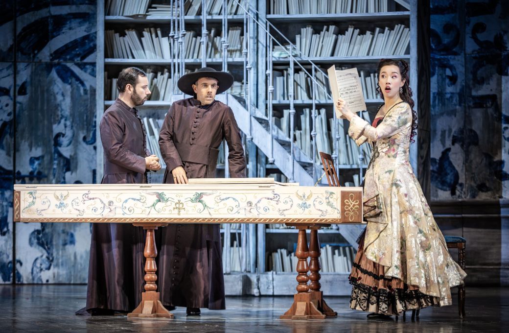 Cumhur G&ouml;rg&uuml;n (Don Basilio), Nico Darmanin (Almaviva) and Hongni Wu (Rosina) &copy; Glyndebourne Productions Ltd. Photo: Craig Fuller