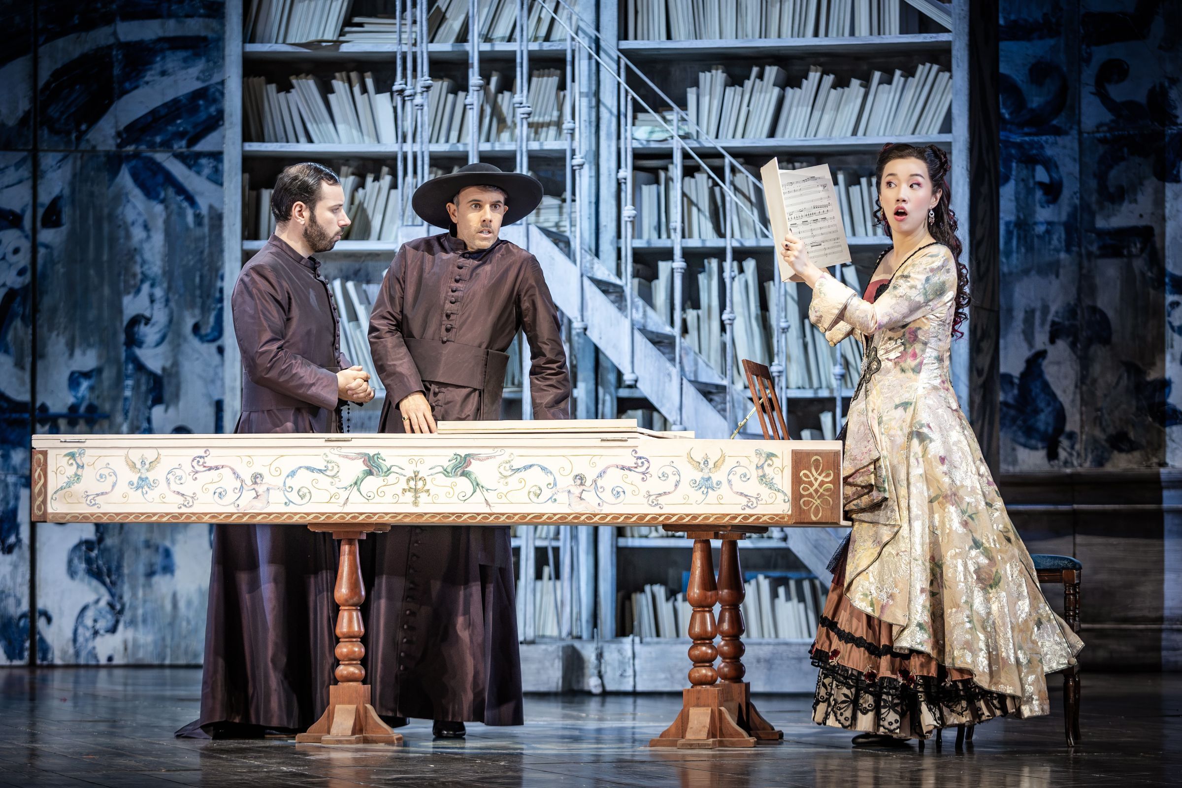 Cumhur Görgün (Don Basilio), Nico Darmanin (Almaviva) and Hongni Wu (Rosina) &copy; Glyndebourne Productions Ltd. Photo: Craig Fuller