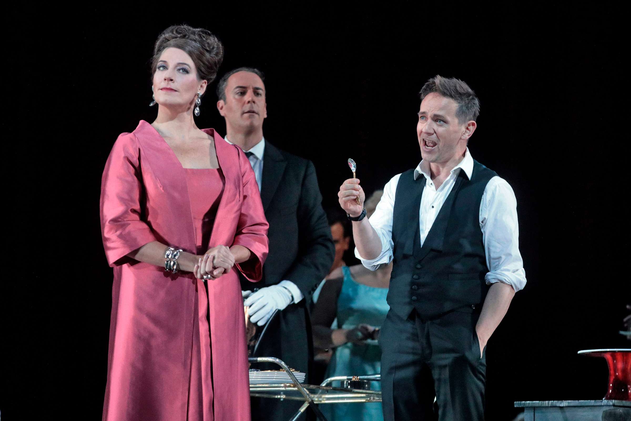 Amanda Echalaz (Lucia de Nobile), Christian Van Horn (Julio) and Iestyn Davies (Francisco de Ávila) &copy; Ken Howard | Metropolitan Opera