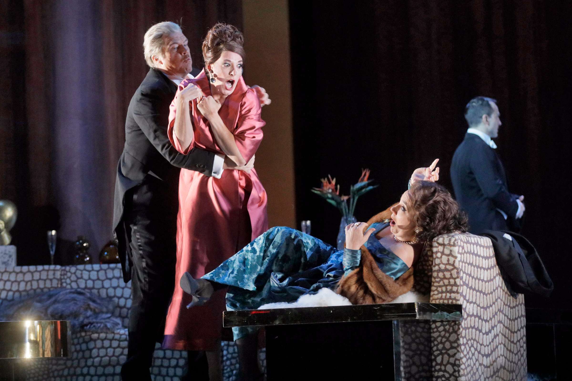 Rod Gilfry (Alberto Roc), Amanda Echalaz (Lucia de Nobile) and Christine Rice (Blanca Delgado) &copy; Ken Howard | Metropolitan Opera
